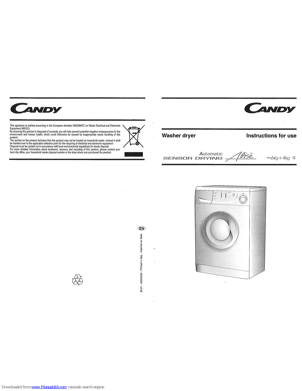 Candy Washer dryer Instructions For Use Manual