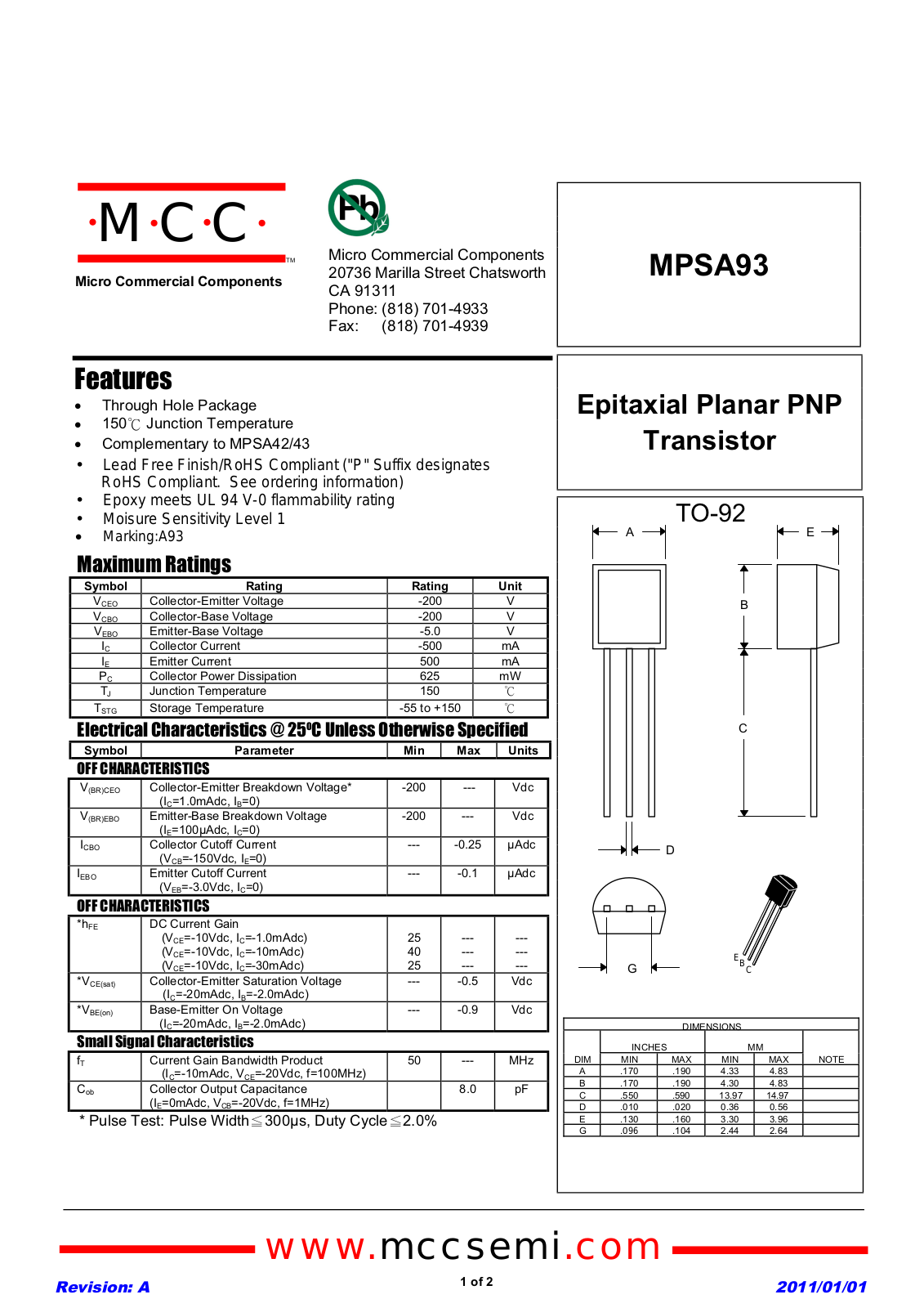 Datasheet mpsa93_to-92 Datasheet - ManualMachine.com