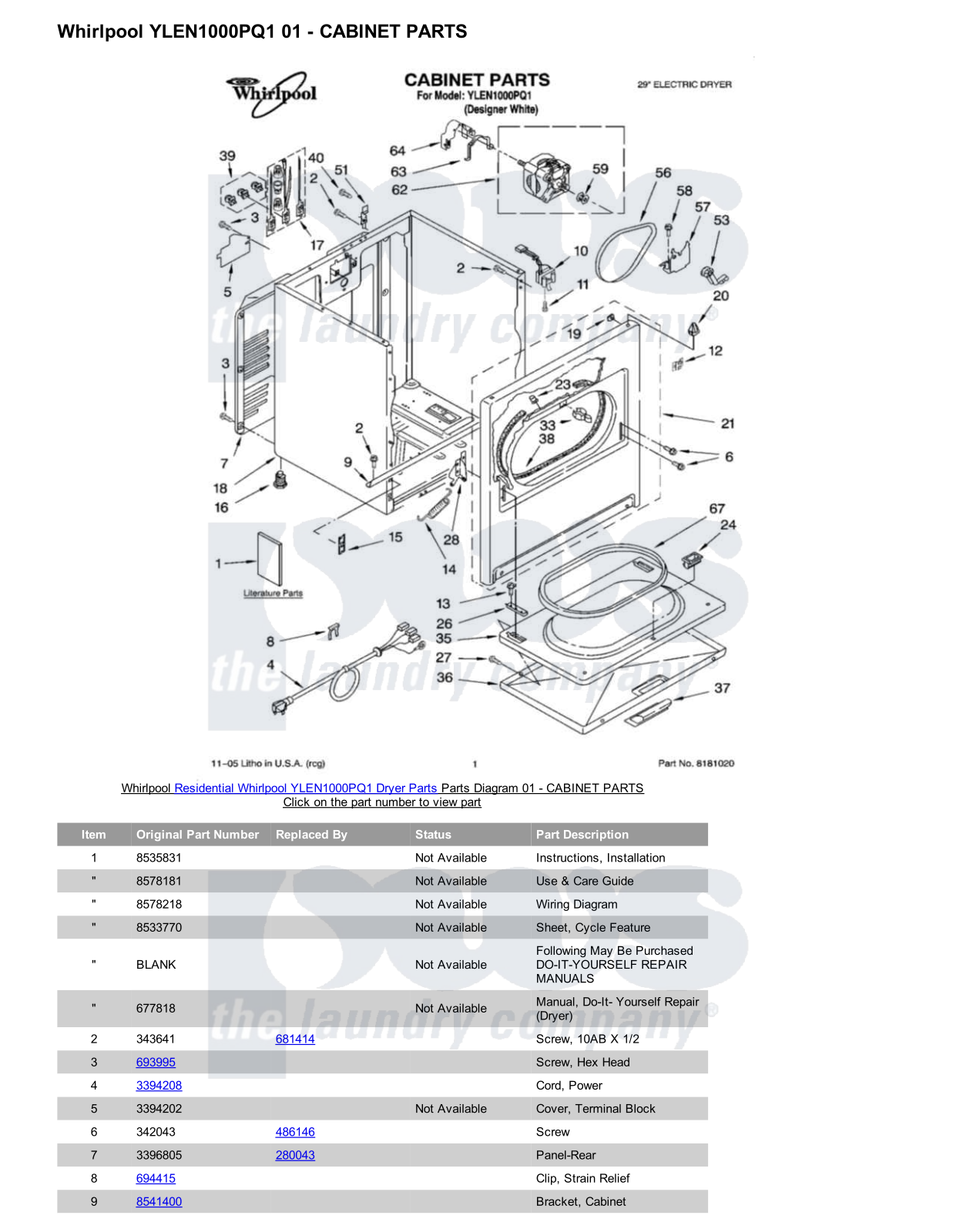 Whirlpool YLEN1000PQ1 Parts Diagram