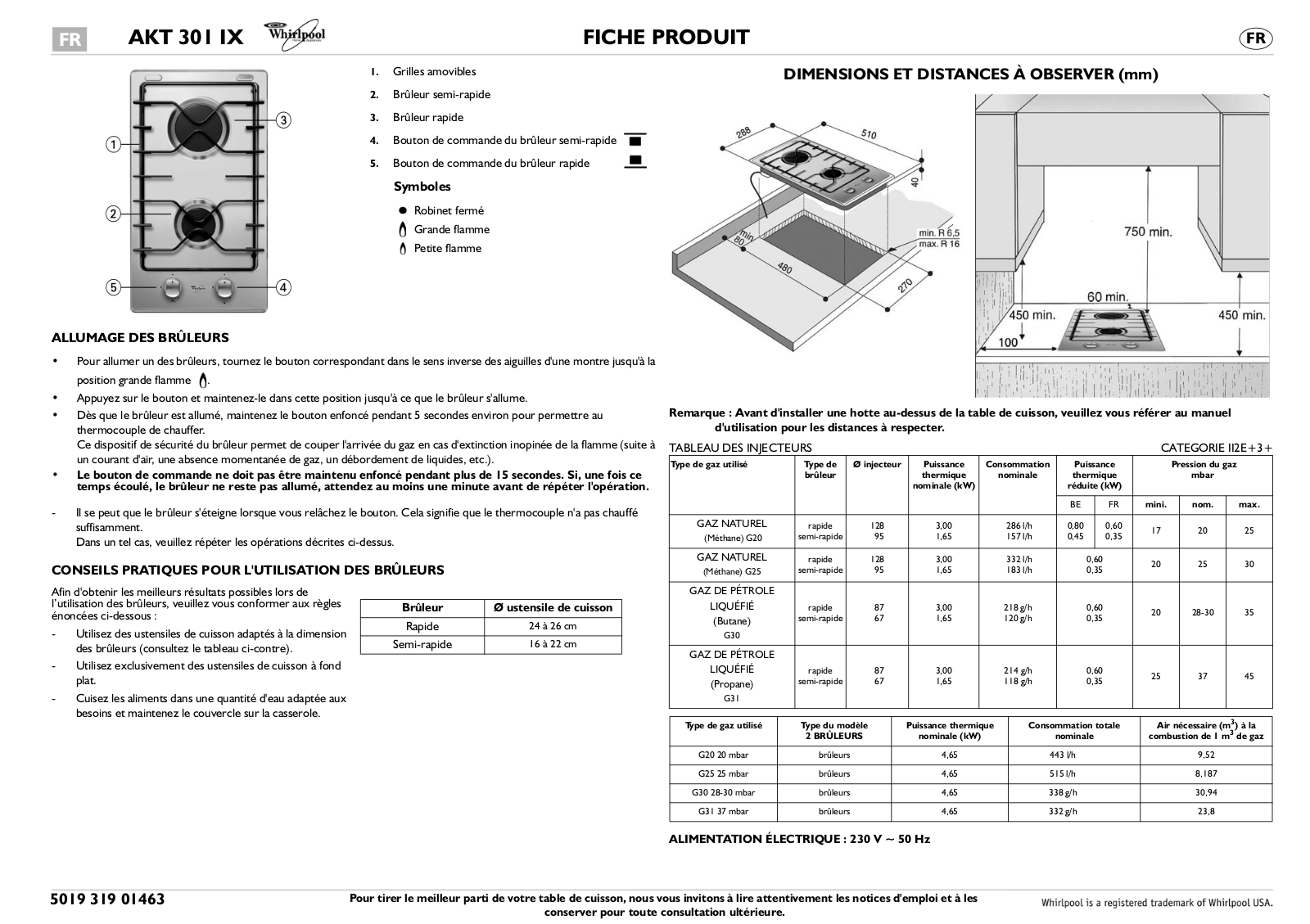 WHIRLPOOL AKT301 User Manual