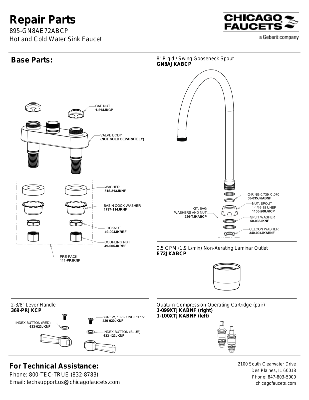 Chicago Faucet 895-GN8AE72AB Parts List