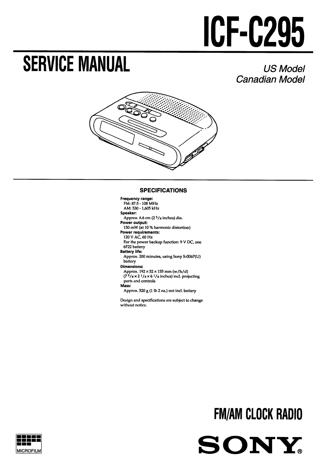 Sony ICFC-295 Service manual