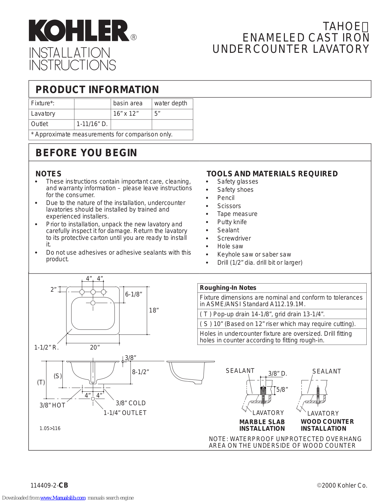 Kohler TAHOE Installation Instructions Manual