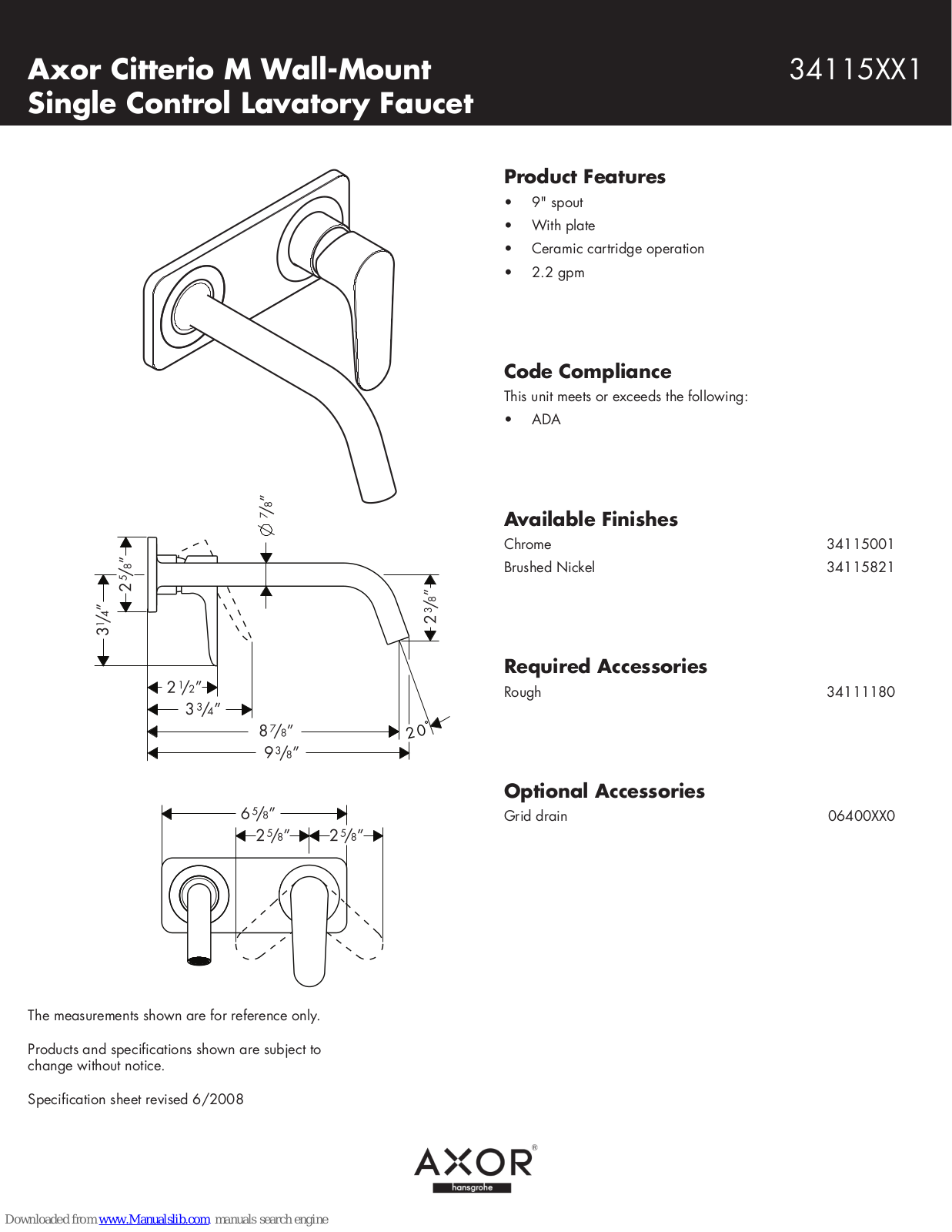 Grohe Citterio M 34115XX1, Axor Citterio M 34115001, Axor Citterio M 34115821 Specification Sheet