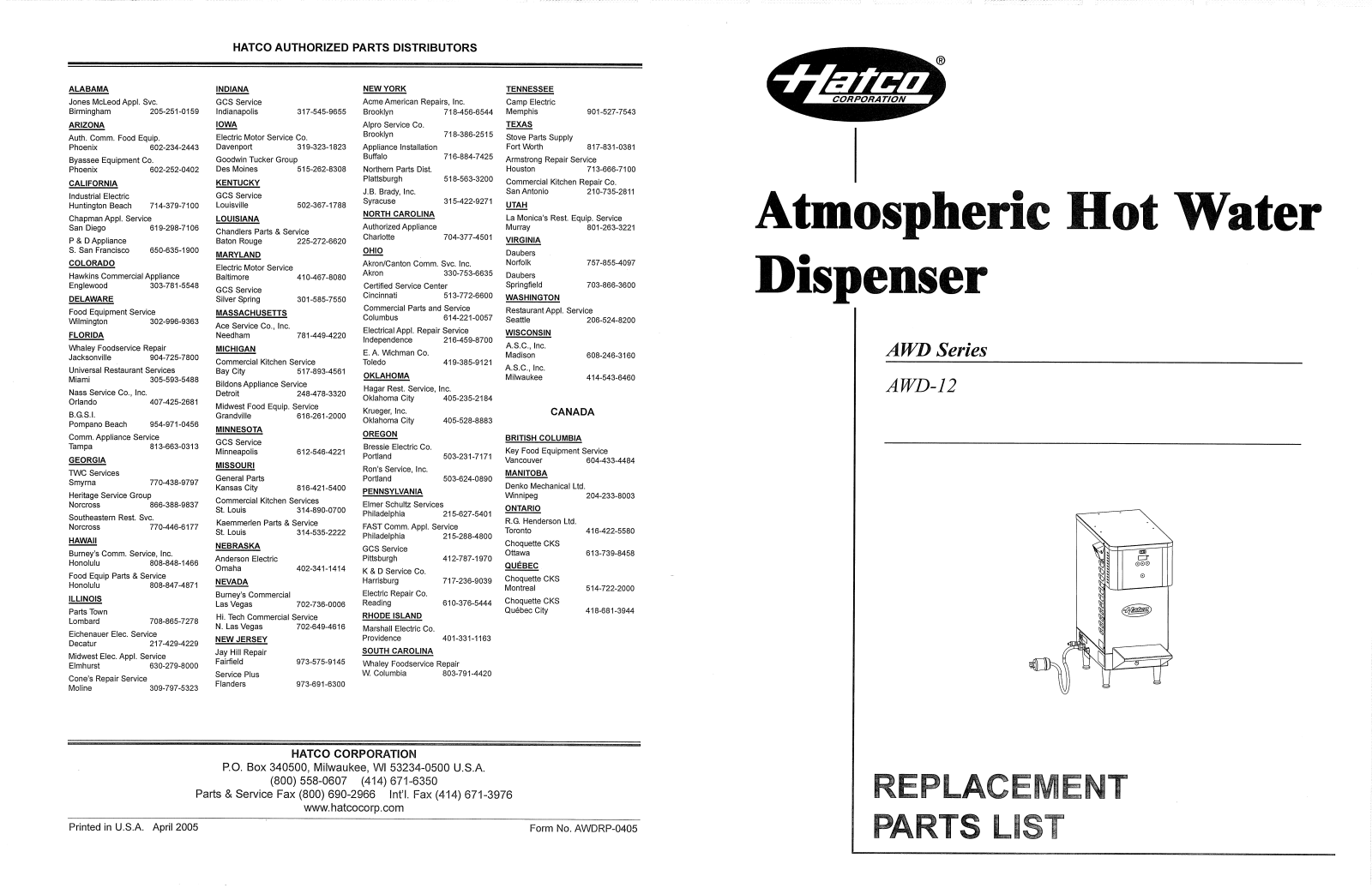 Hatco AWD-12 Parts List