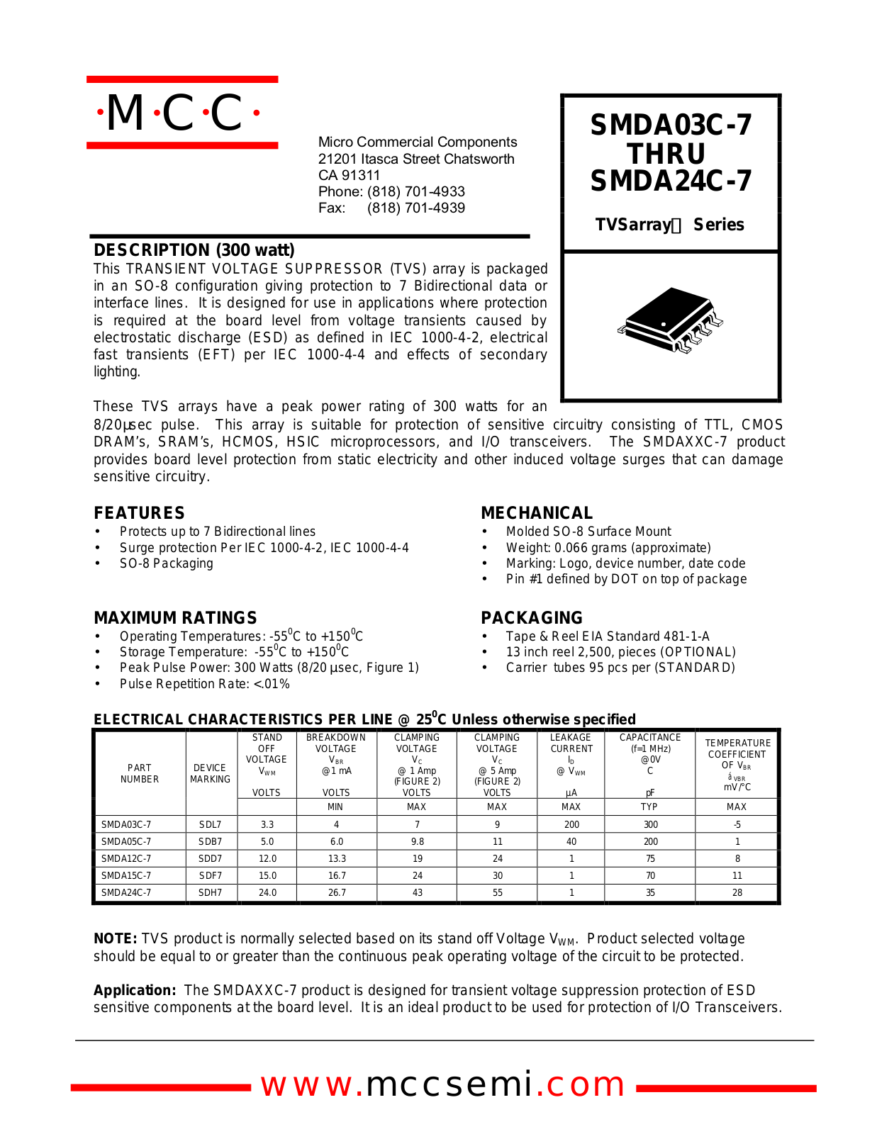 MCC SMDA03C-7, SMDA05C-7, SMDA12C-7, SMDA24C-7, SMDA15C-7 Datasheet