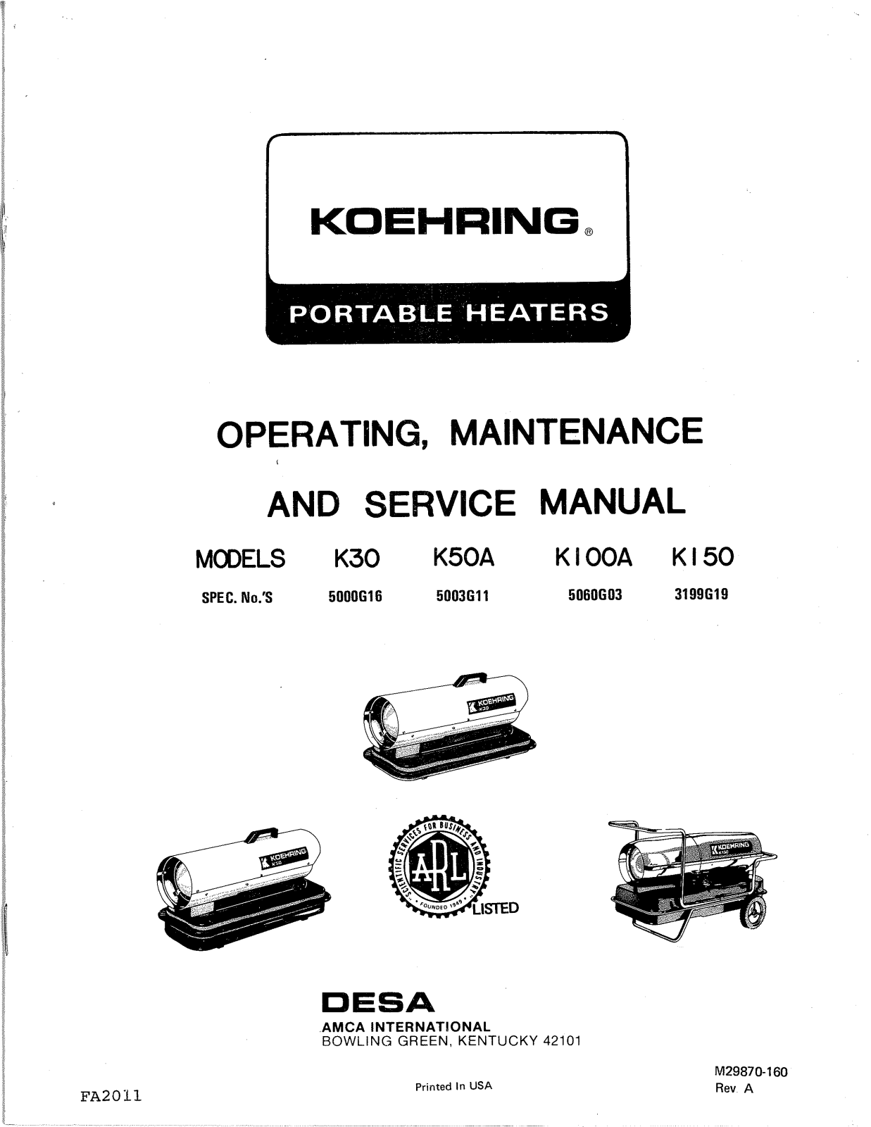 Desa Tech K30, K50A, K100A, K150 Owner's Manual