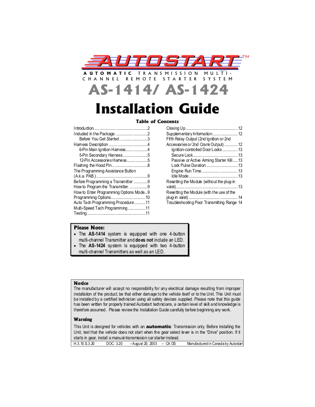 Autostart AS1424, AS1414 Installation Guide