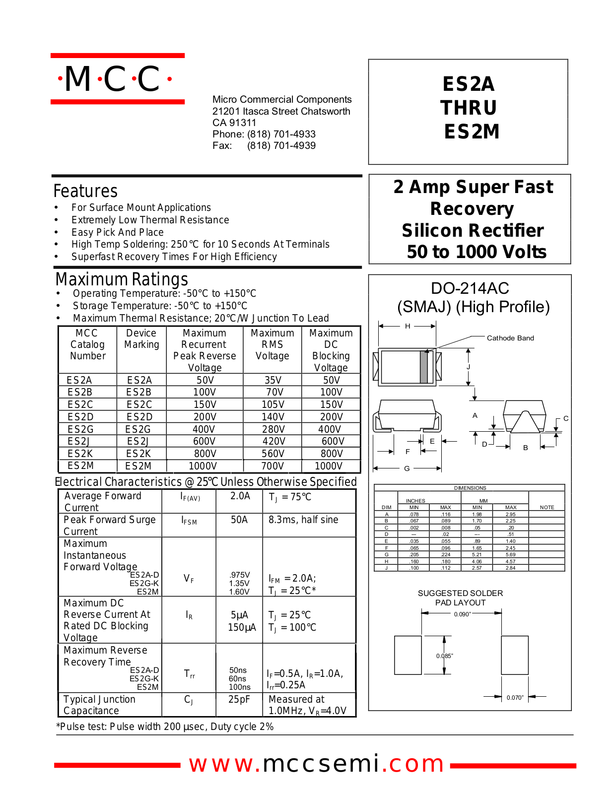 MCC ES2G, ES2A, ES2B, ES2D, ES2M Datasheet