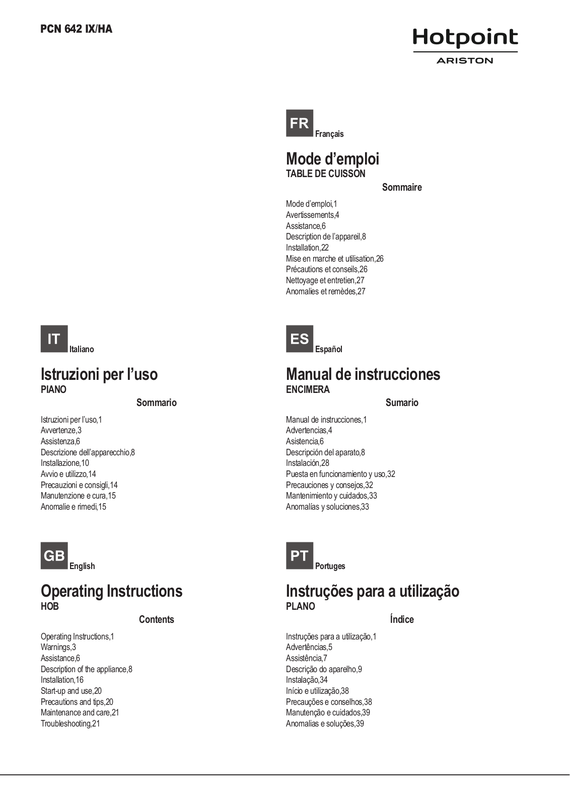 Hotpoint PCN 642 IX/HA User Manual