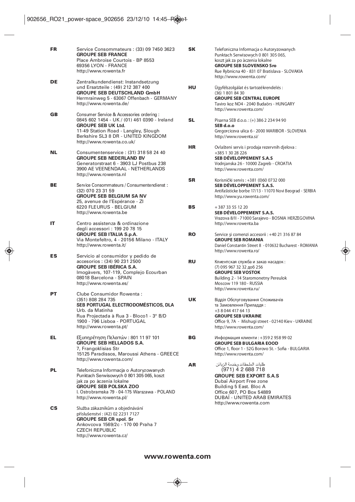 Rowenta RO212301, RO214501 User manual