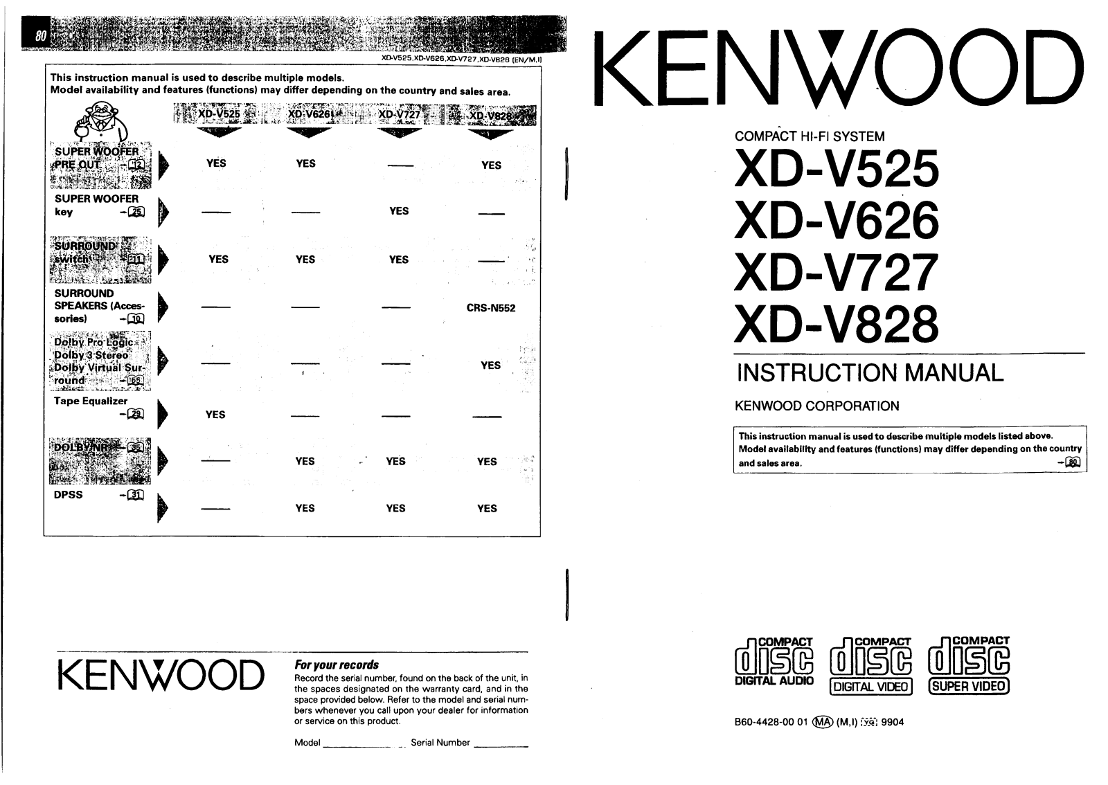 Kenwood XD-V828, XD-V626, XD-V525, XD-V727 Manual
