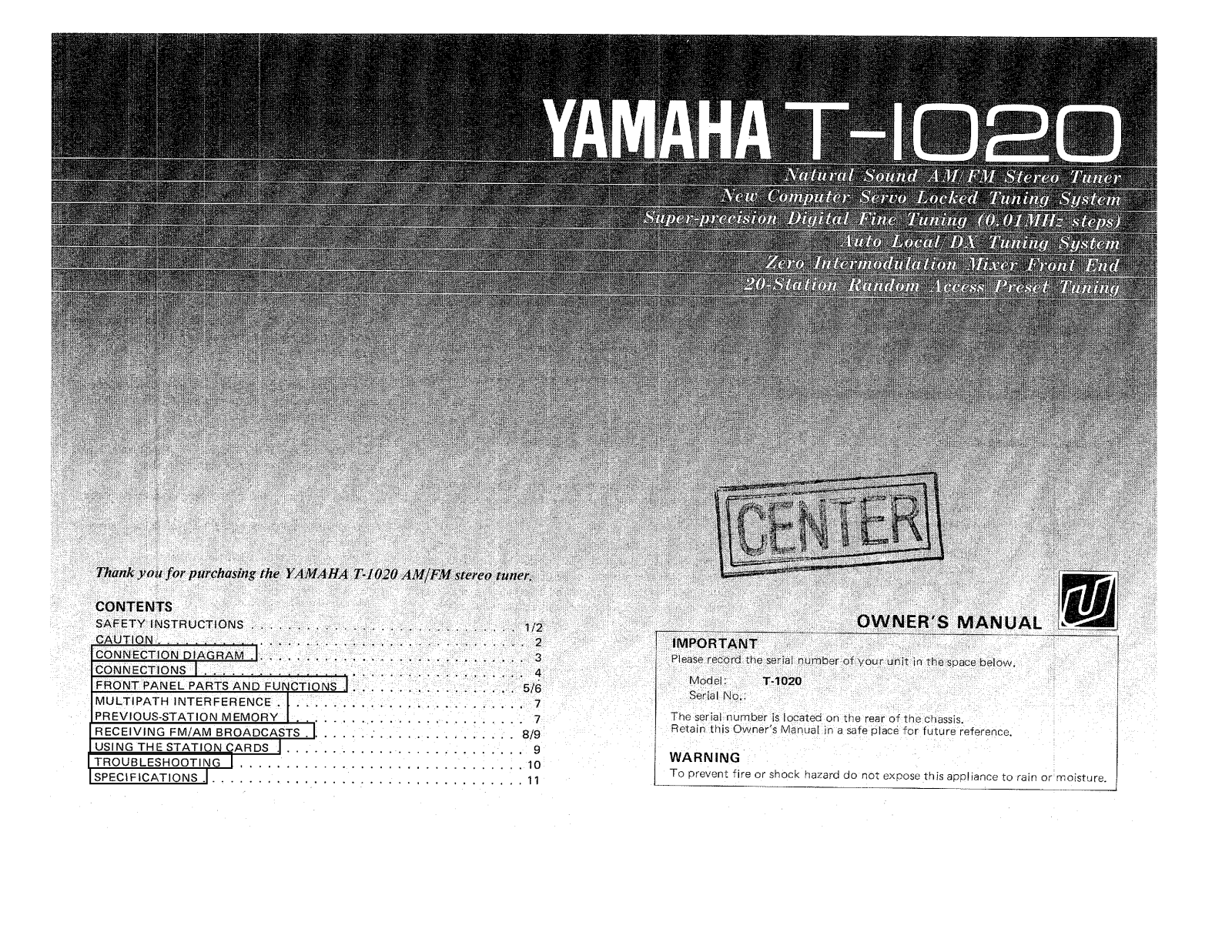 Yamaha T-1020 Owners manual