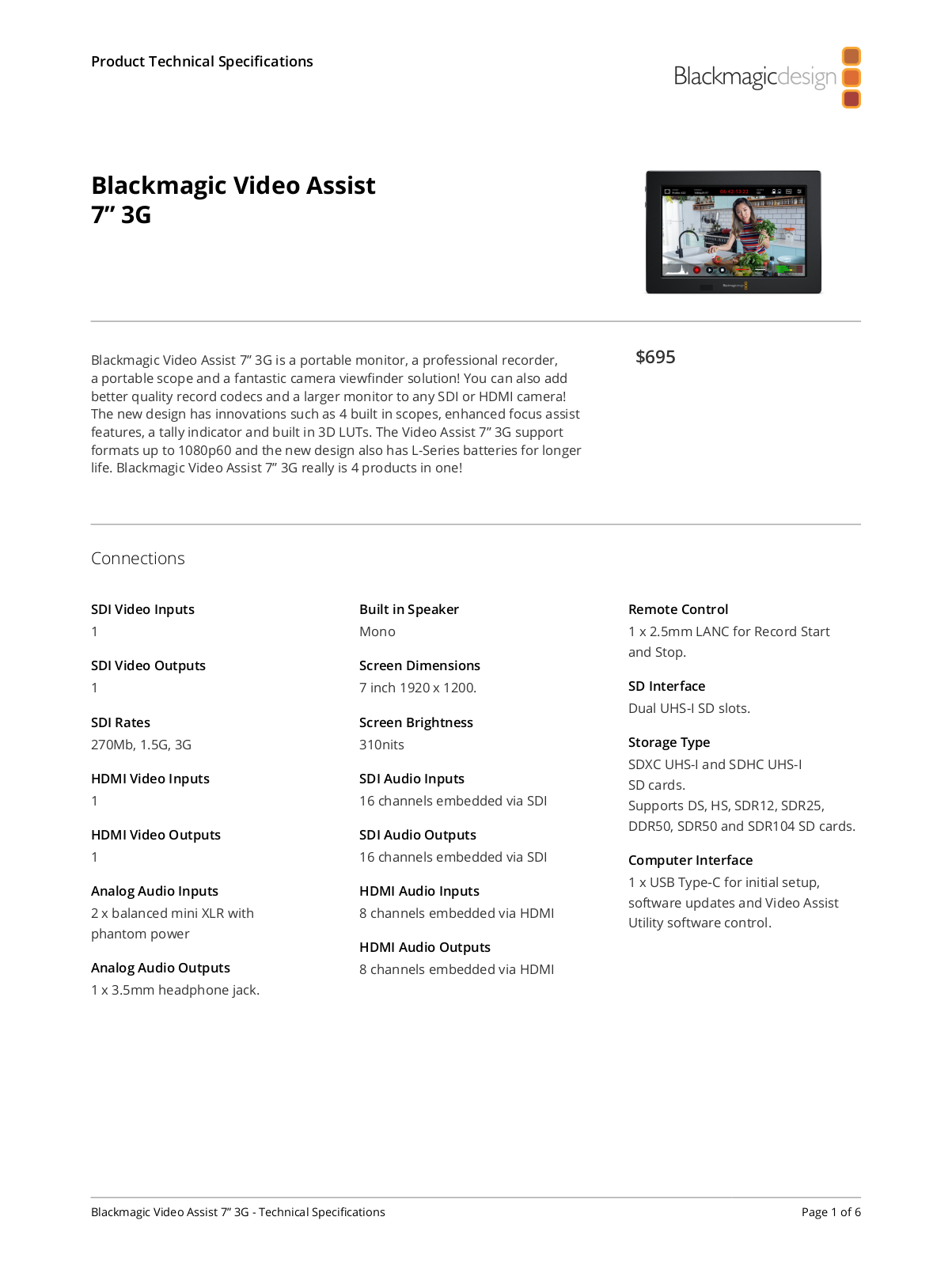 Blackmagic Design Blackmagic Video Assist 7” 3G Specifications