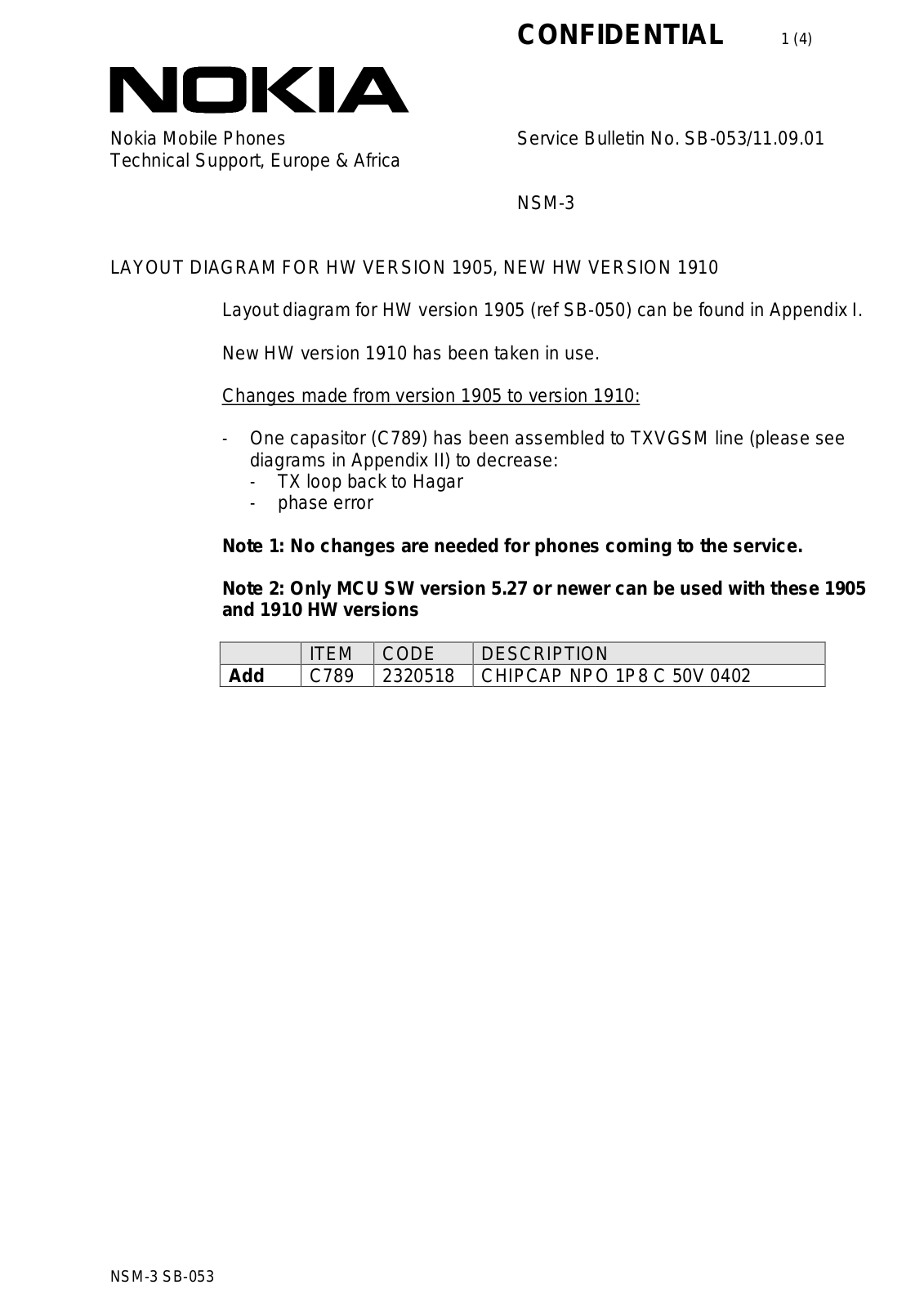 Nokia 8210 Service Bulletin 053