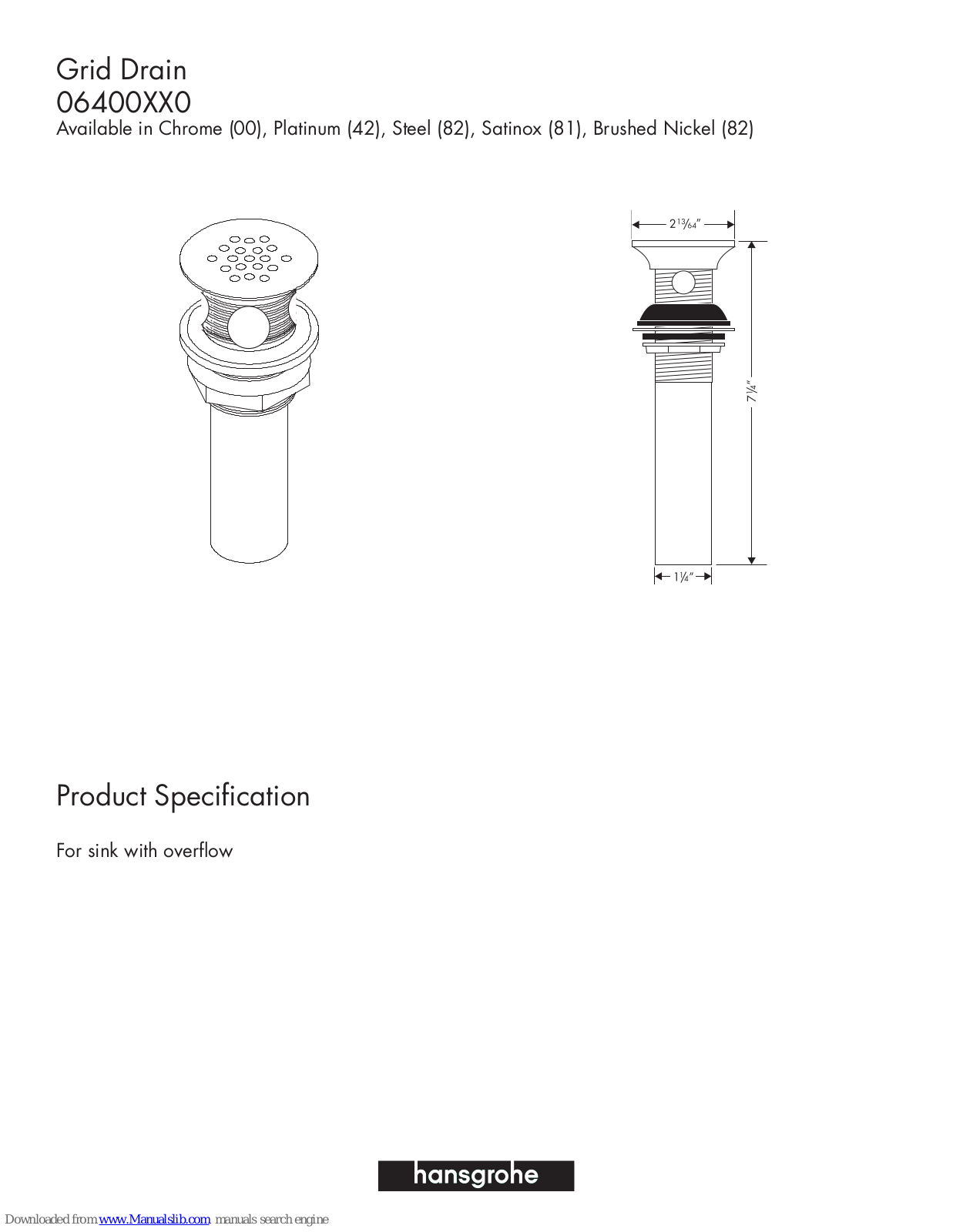 Hansgrohe 6400000, 6400420, 6400820, 6400810 Specification Sheet