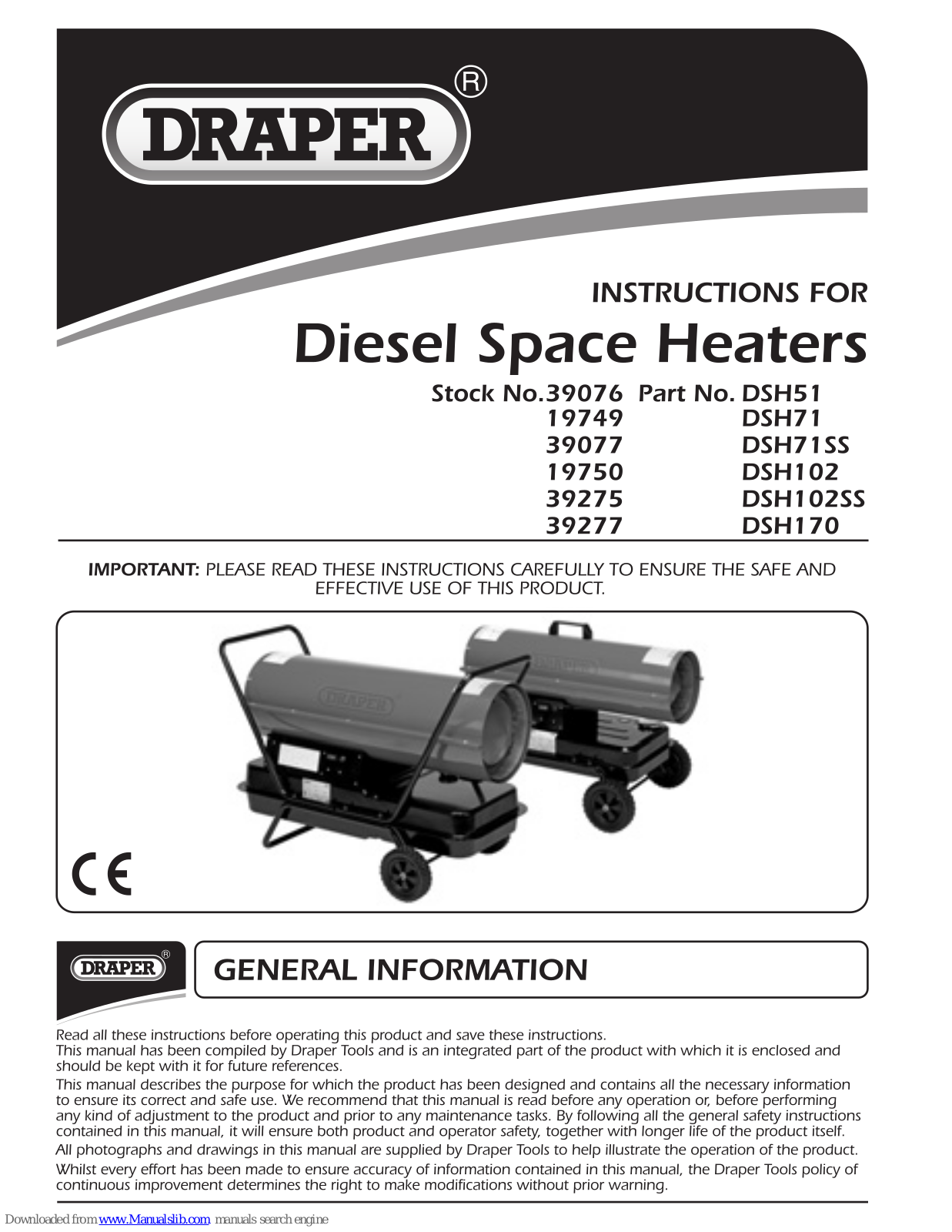 Draper DSH51, DSH71, DSH71SS, DSH102, DSH102SS Instructions Manual - ManualMachine.com