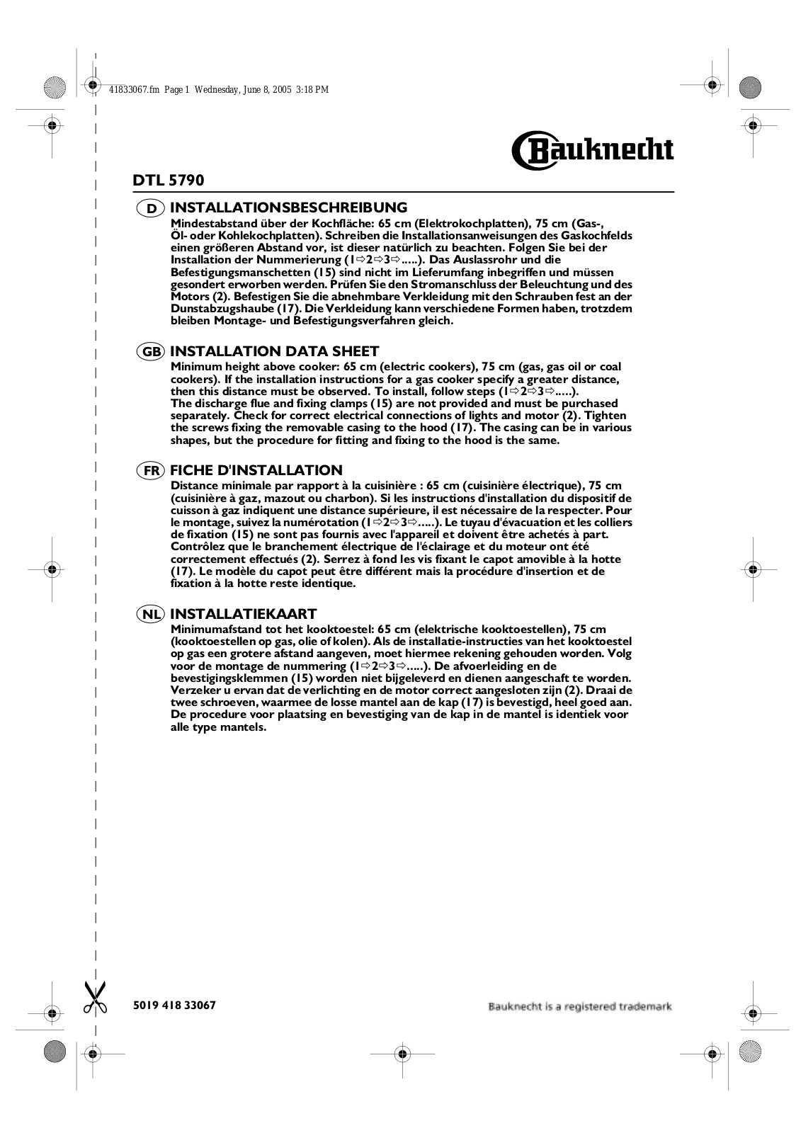 Whirlpool DTL 5790 INSTALLATION SHEET