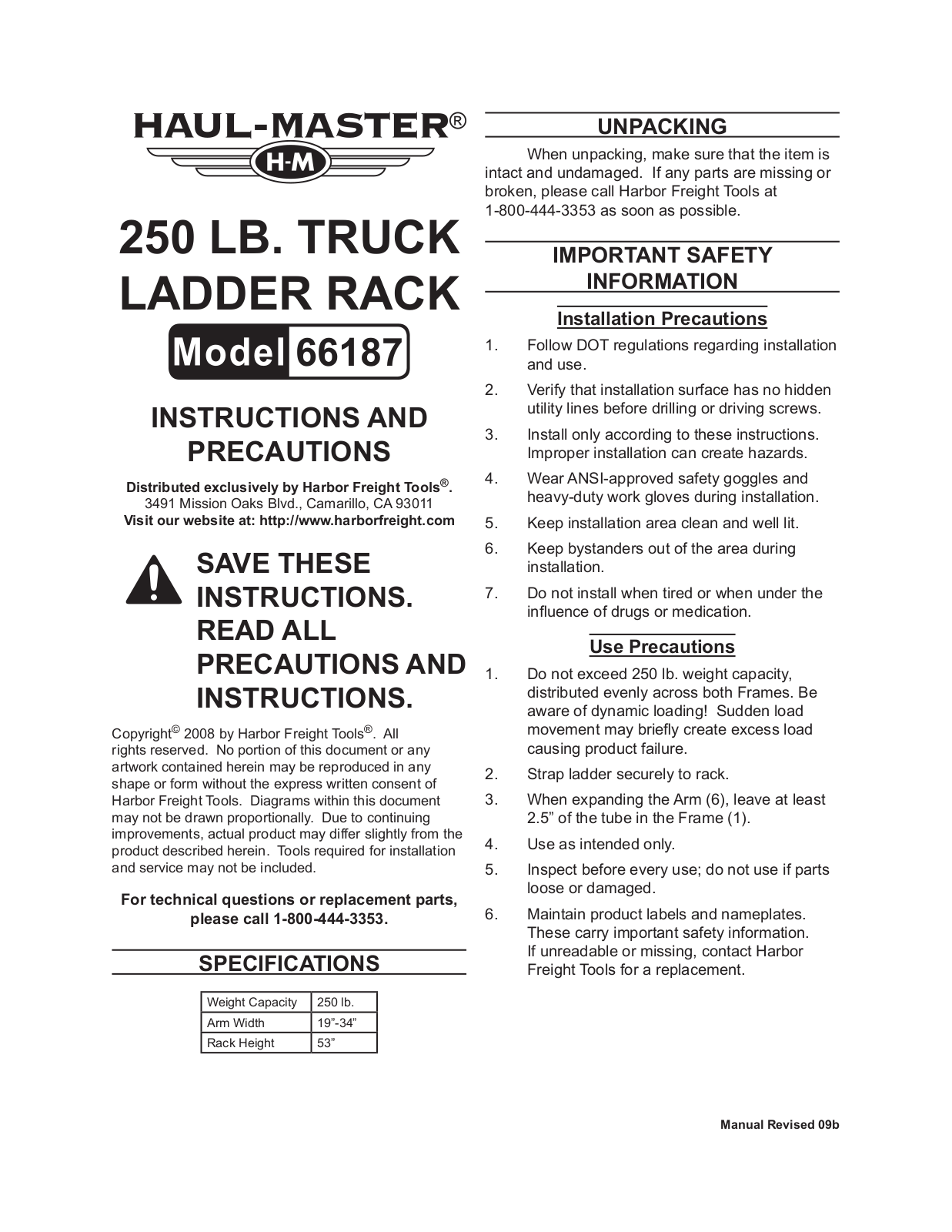 Harbor Freight Tools 66187 User Manual