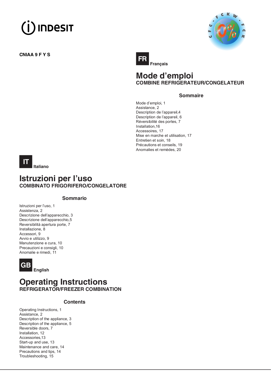 INDESIT CNIAA 9 F Y S User Manual