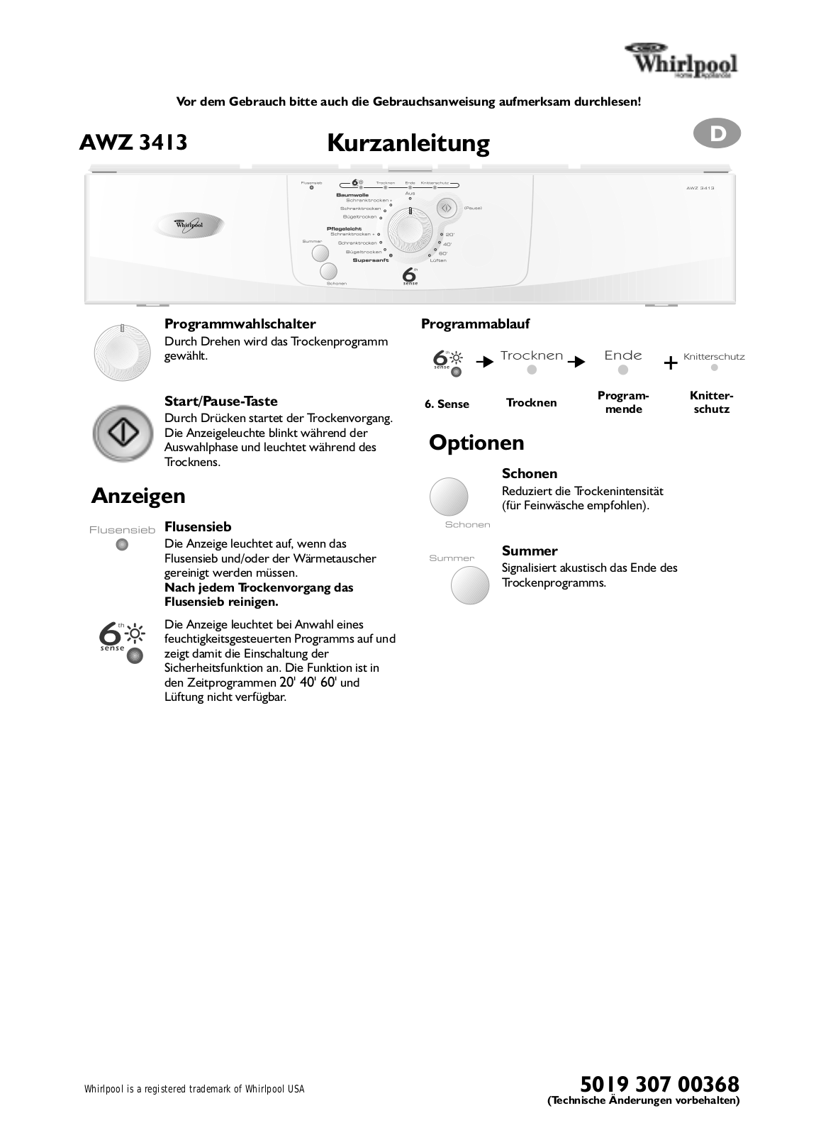 Whirlpool AWZ 3413 INSTRUCTION FOR USE