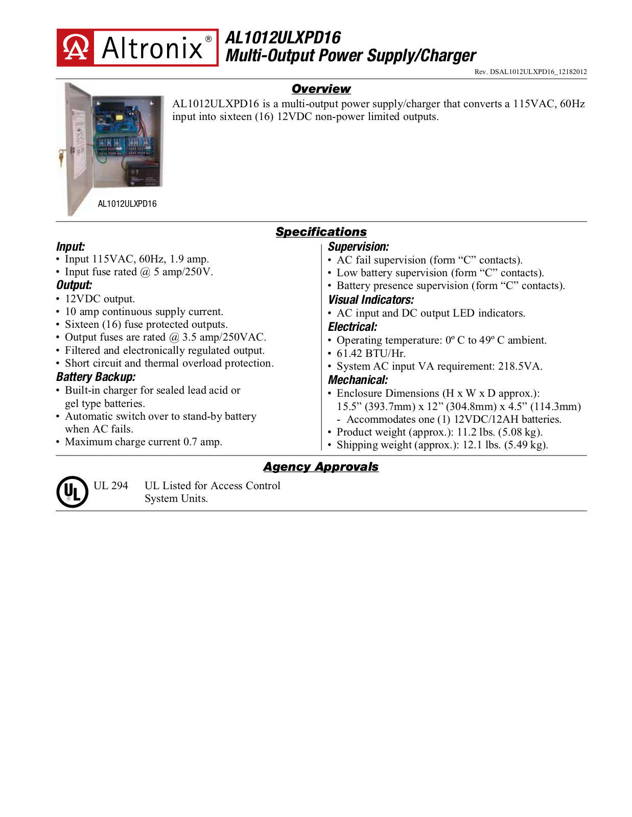 Altronix AL1012ULXPD16 Specsheet