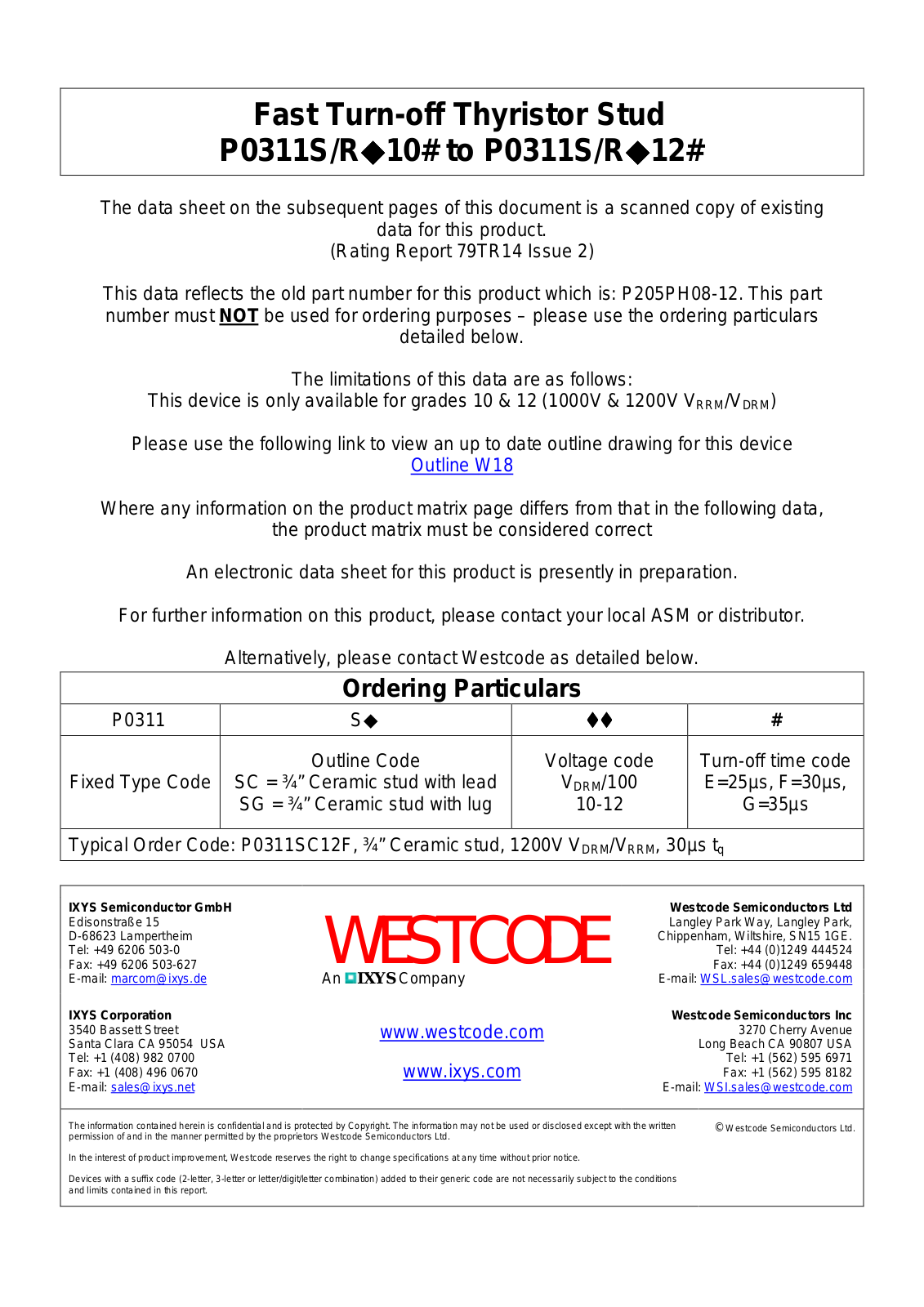 Westcode Semiconductors P0311S/R◆10#, P0311S/R◆12# Data Sheet