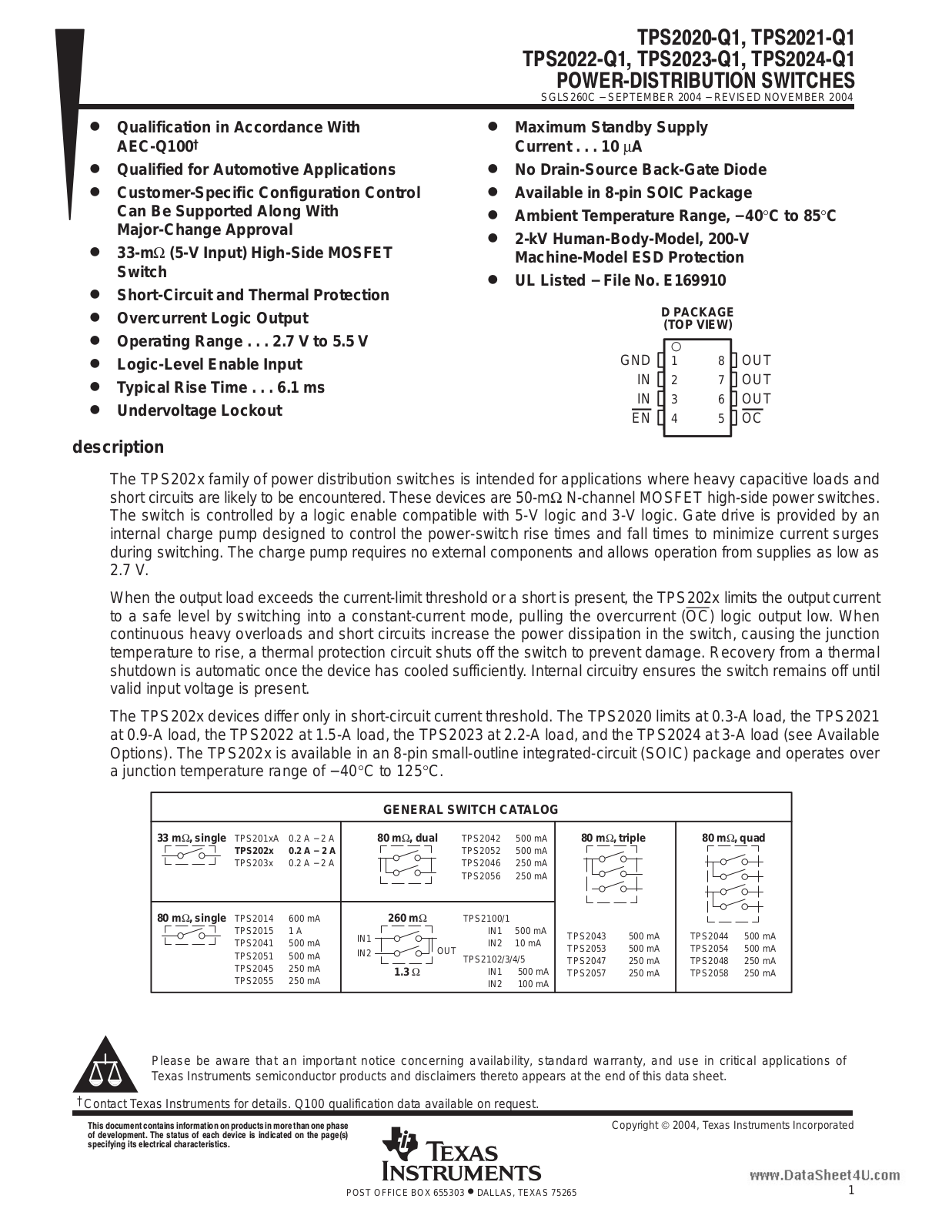 Texas Instruments TPS 2020 – Q 1 INSTALLATION INSTRUCTIONS