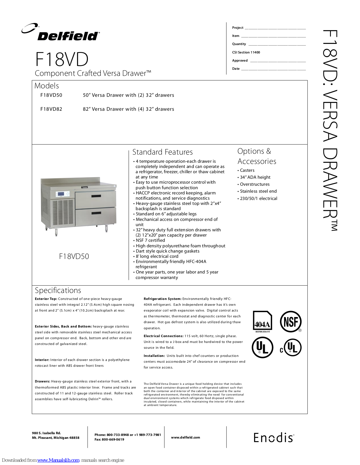 Delfield Versa Drawer F18VD50, Versa Drawer F18VD82 Specifications