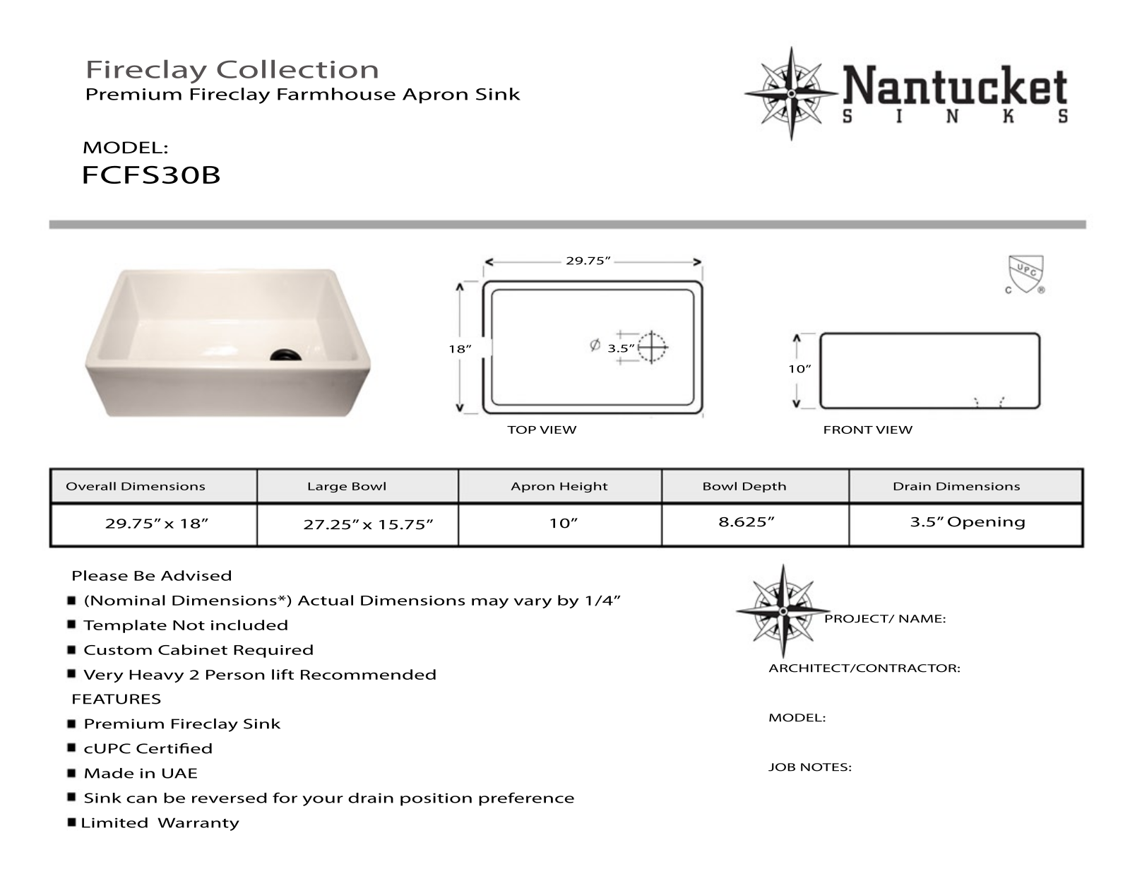 Nantucket FCFS30B Specifications