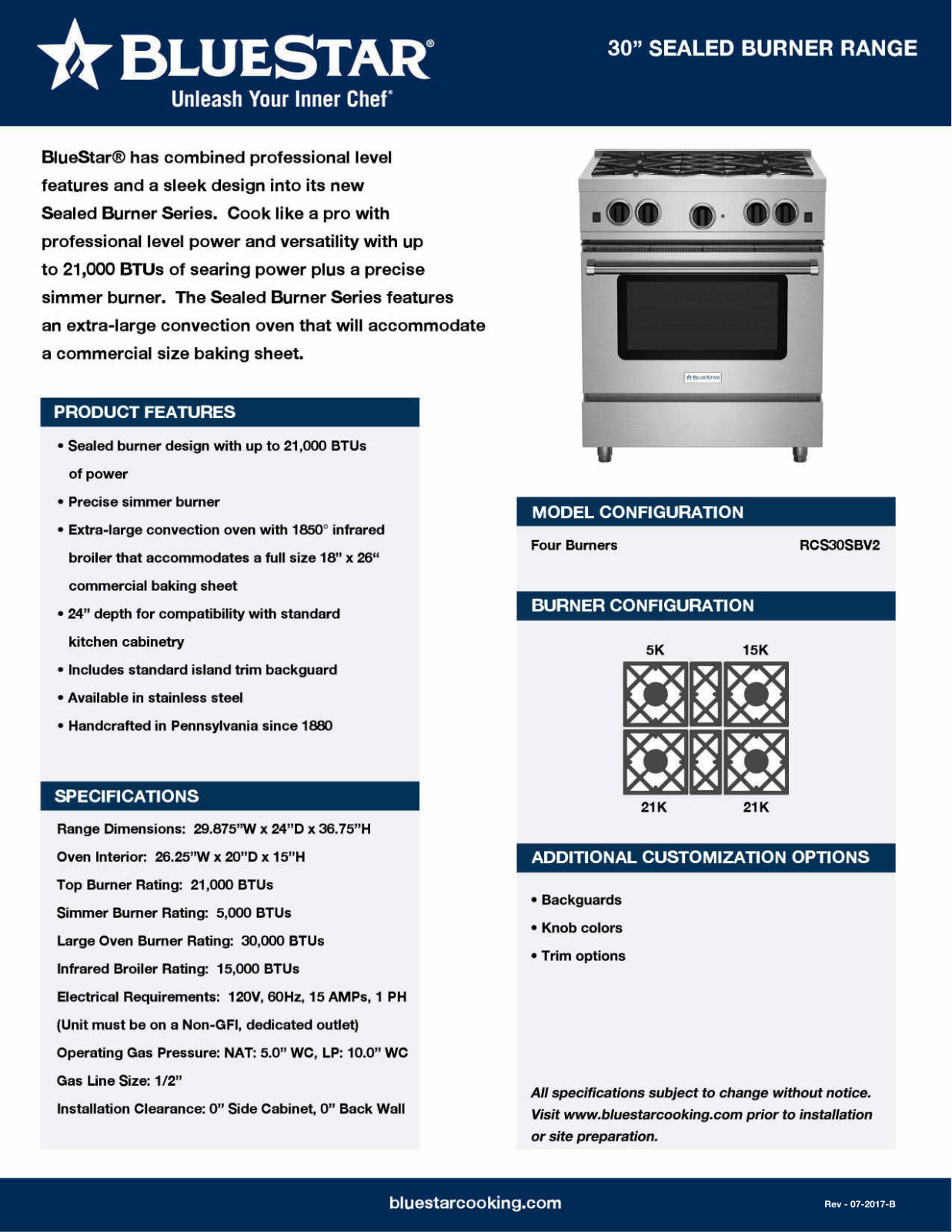 BlueStar RCS30SBV2LCCPLT Specifications