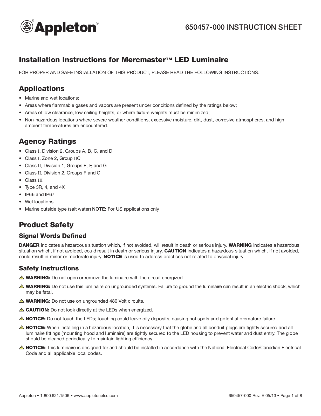 Appleton KPAF-100, KPA-100, KPAF-75, KPA-75, KPCH-100 Installation Instructions Manual