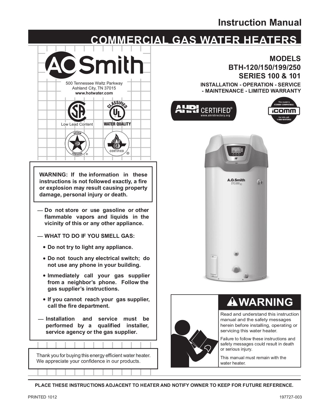 Ao Smith BTH-250 User Manual