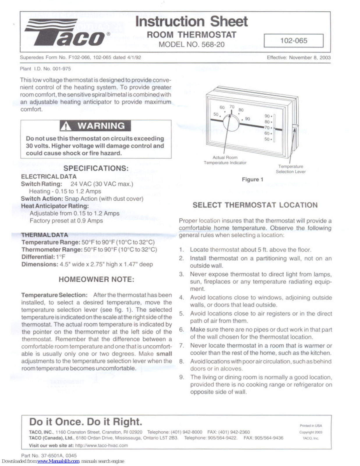 Taco 568-20 Instruction Sheet