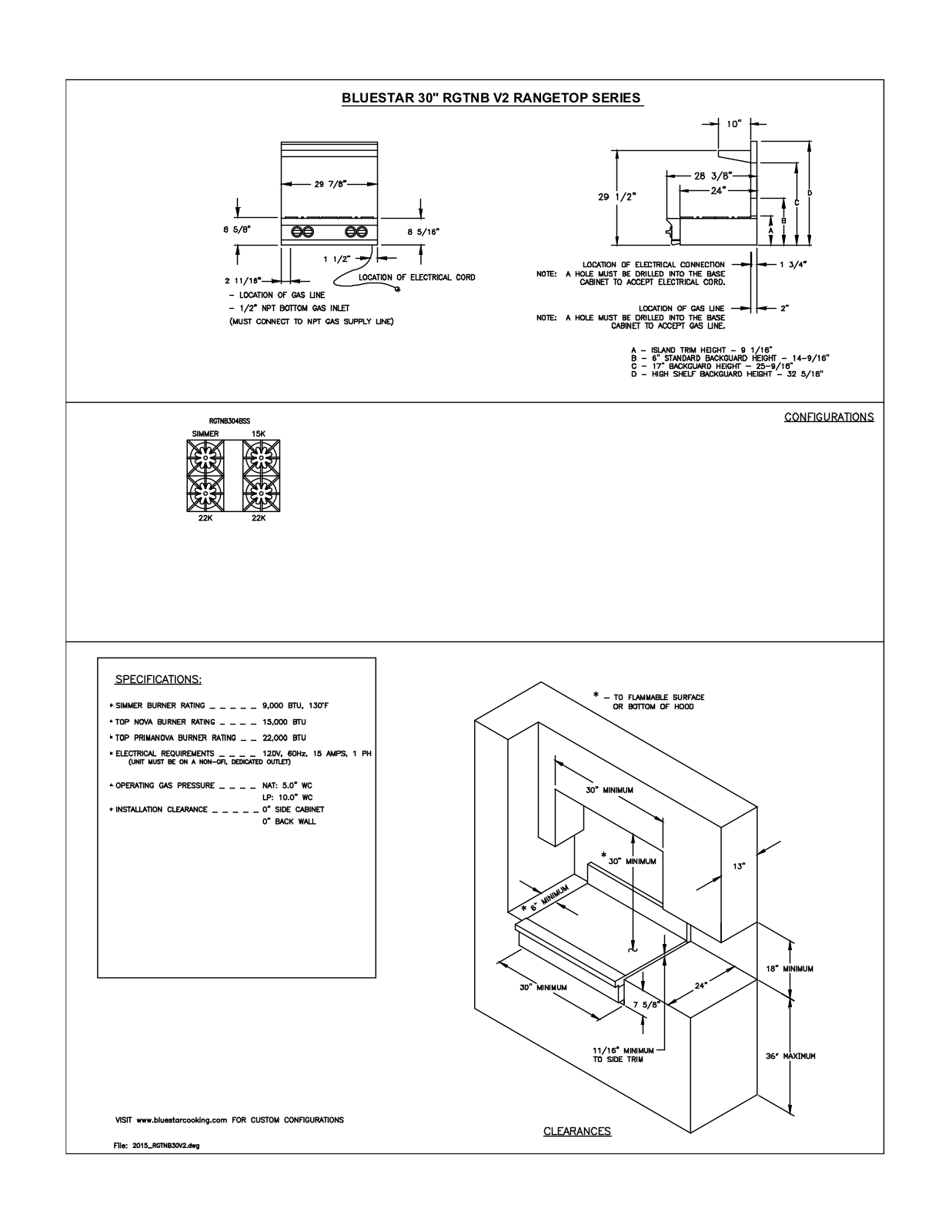 BlueStar RGTNB304BV2 Product Specifications