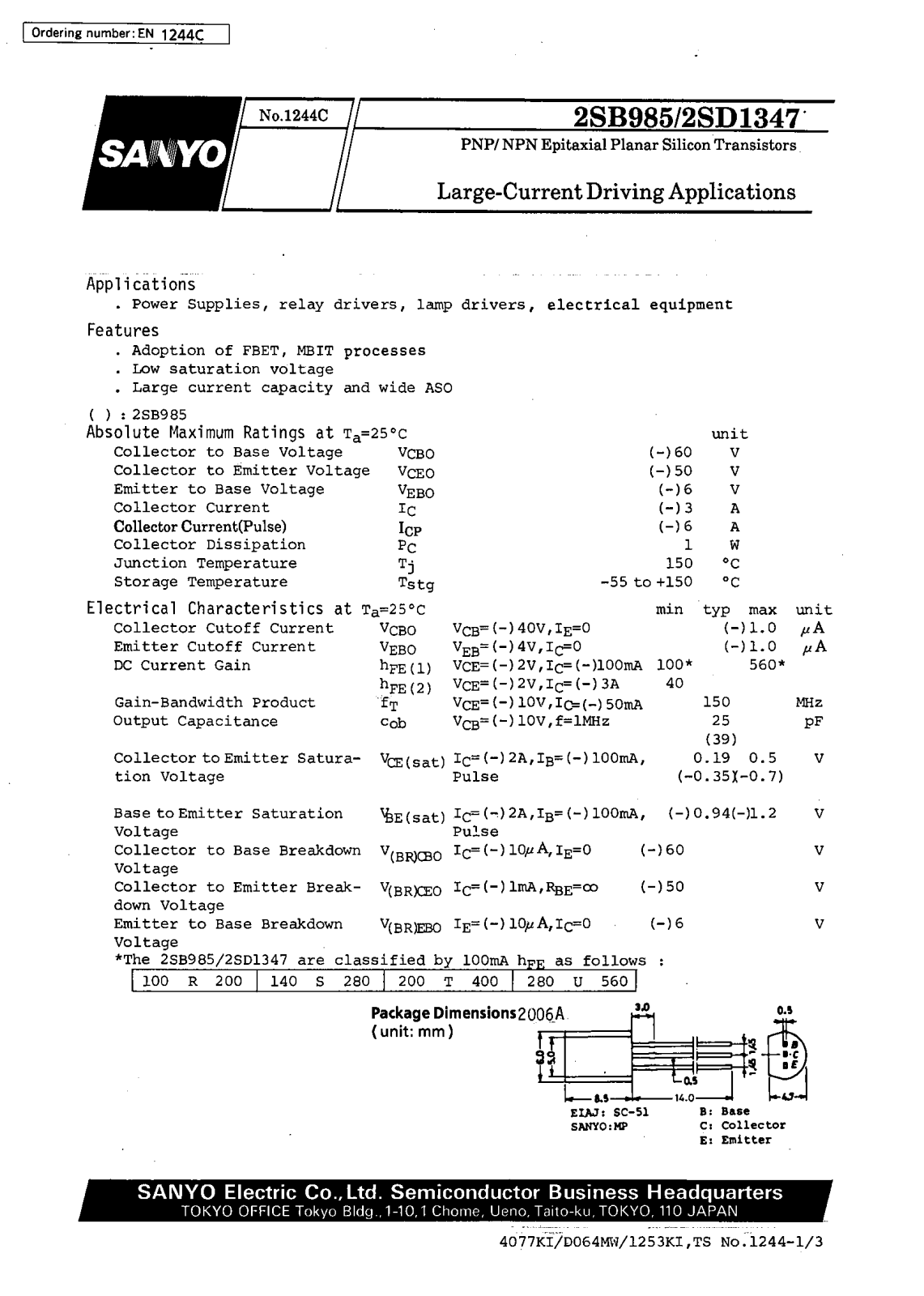 SANYO 2SD1347, 2SB985 Datasheet