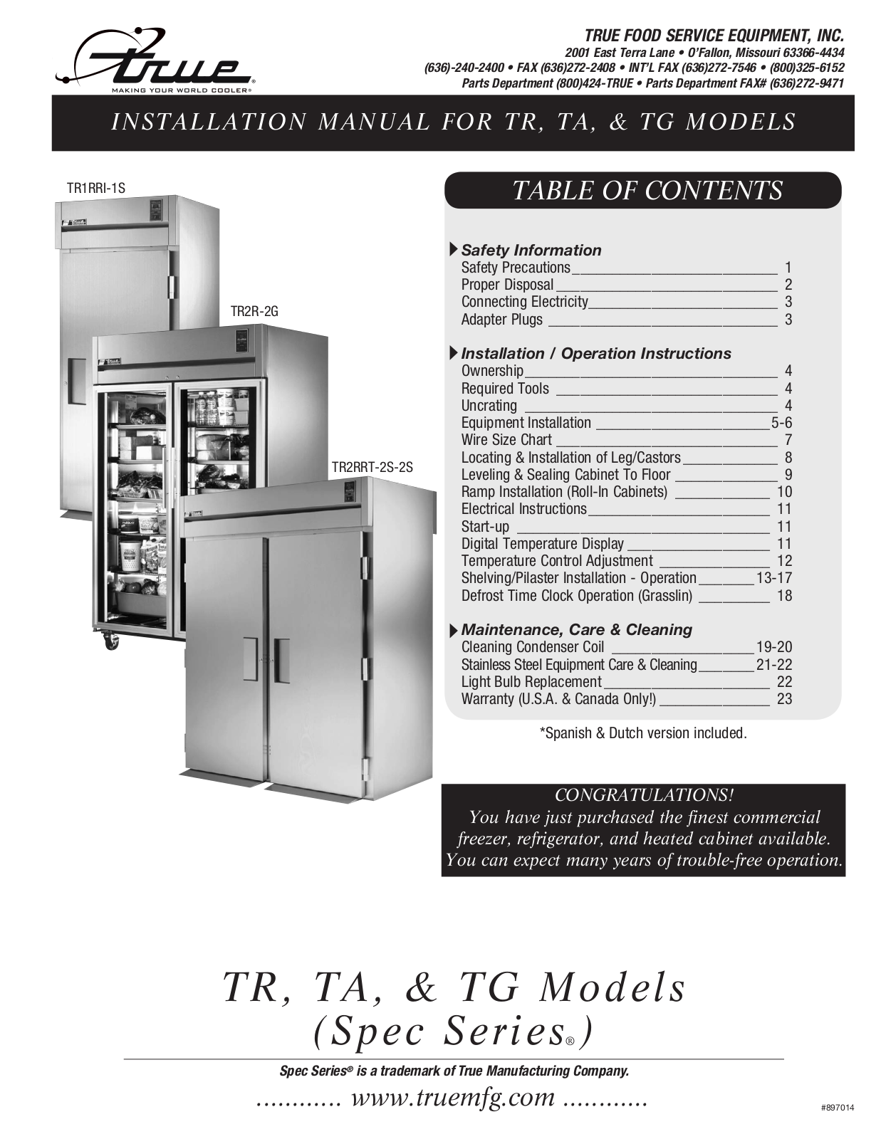 True Manufacturing Company TR1RRI-1S, TR2RRT-2S-2S, TR2R-2G Installation Manual