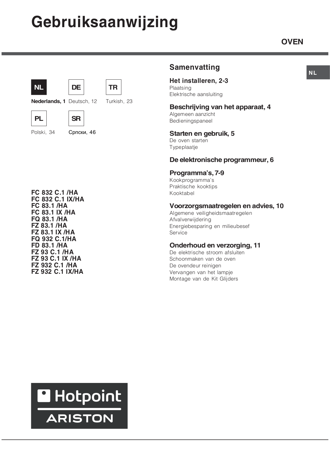 Hotpoint Ariston FC 83.1 IX/HA, FZ 932 C.1 IX/HA, FZ 93 C.1 IX/HA, FQ 83.1, FZ 83.1 IX/HA Manual