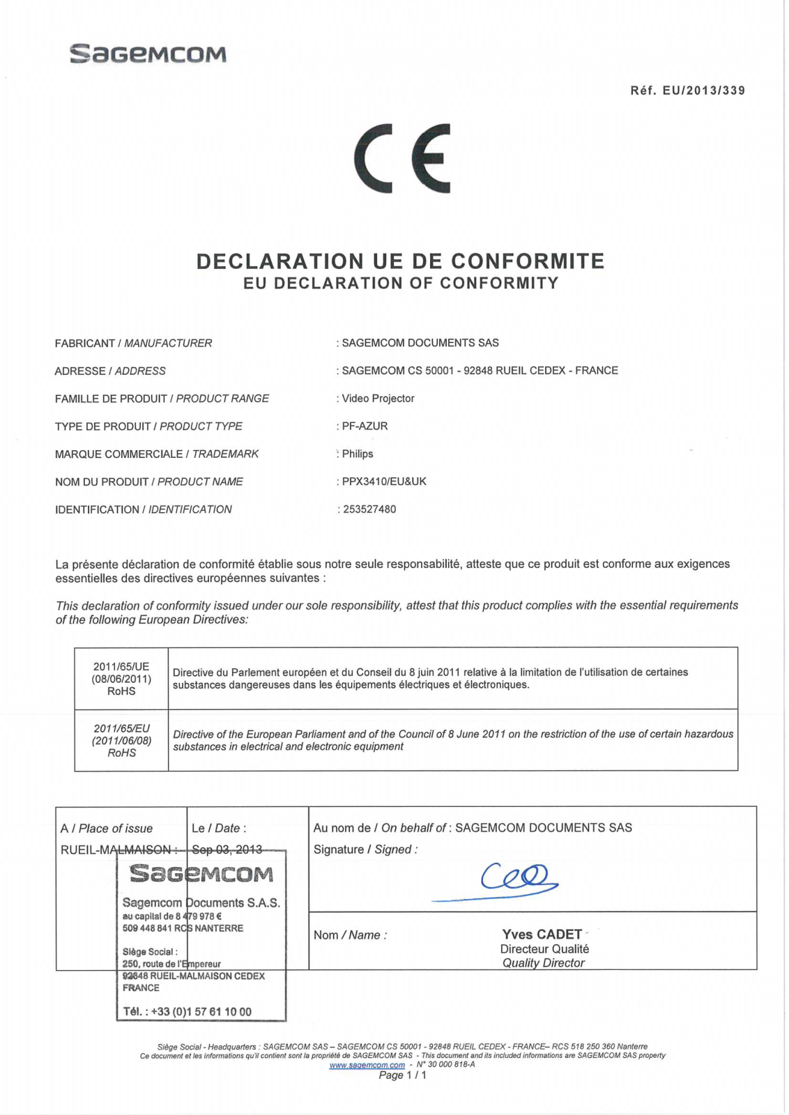 Philips PPX3414 Declaration of Conformity