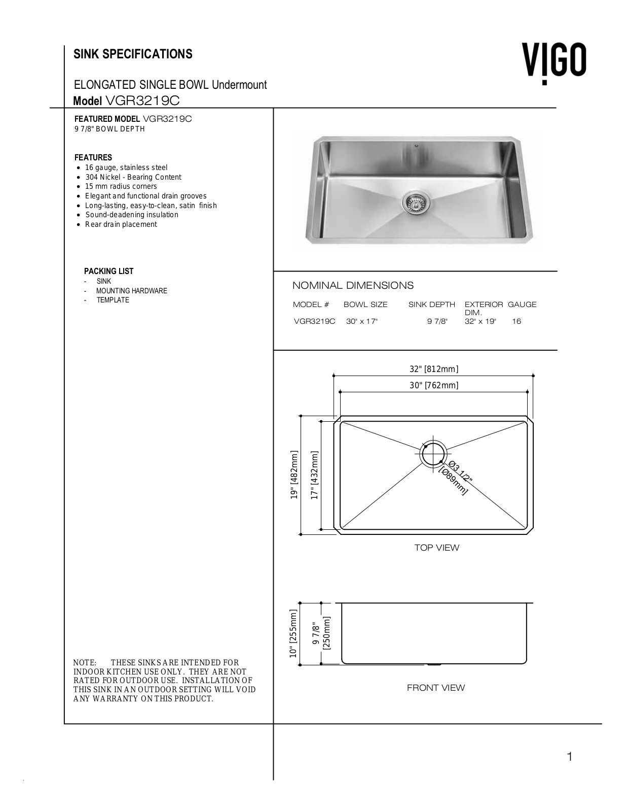 Vigo VG15163, VG15166, VG15165, VG15164 Specifications