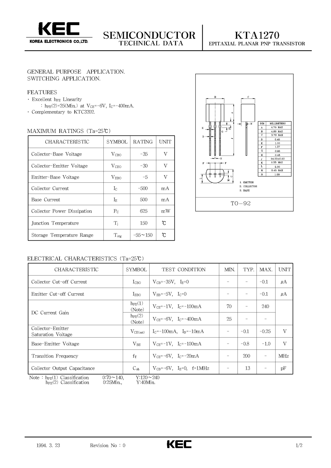 KEC KTA1270 Datasheet