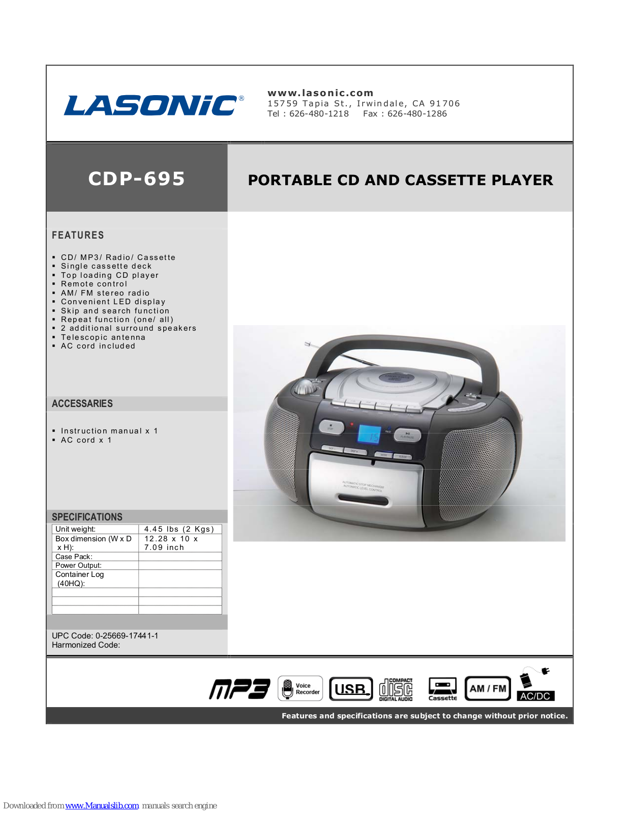 Lasonic CDP-695 Specifications