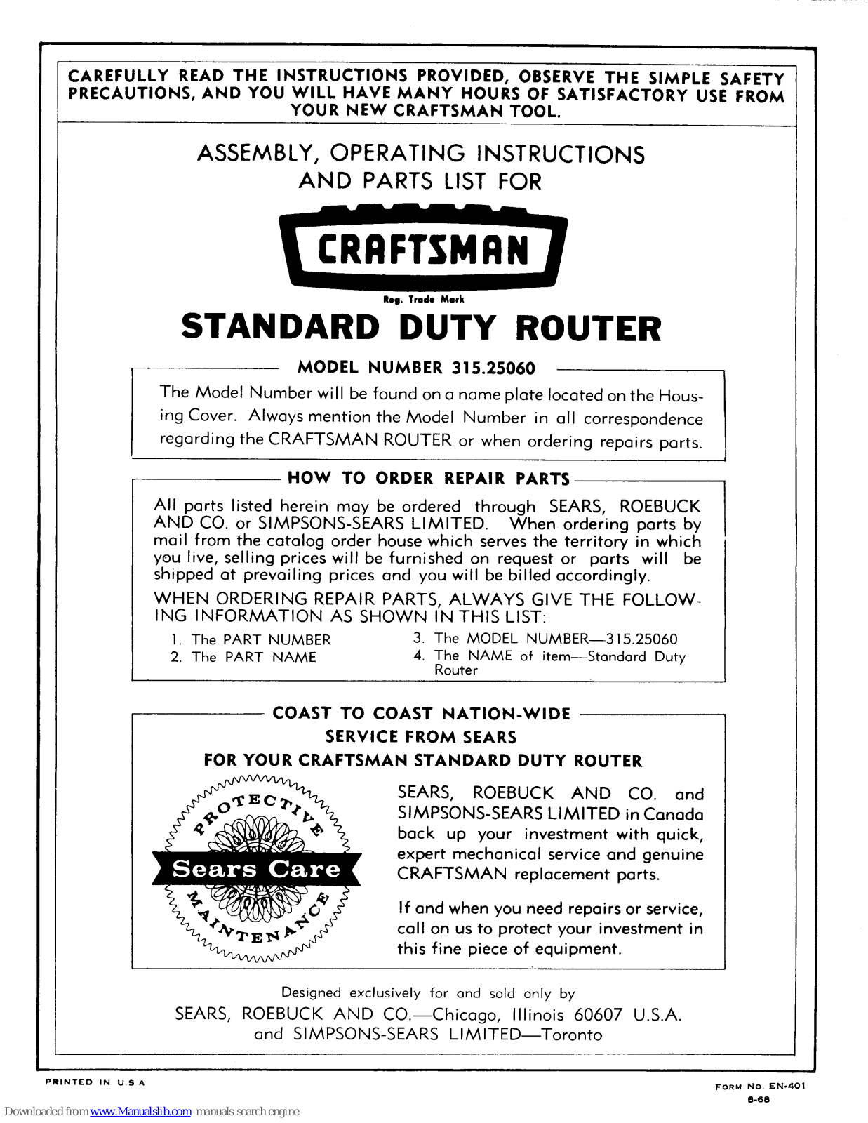 Craftsman 315.25060 Assembly, Operating Instructions And Parts List