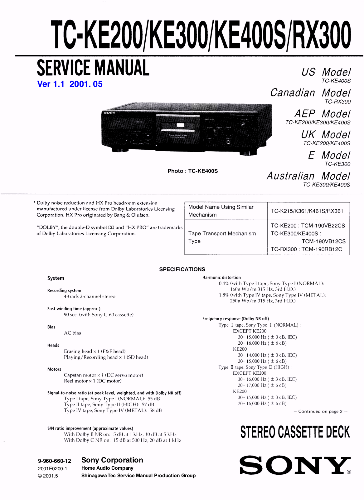Sony TC-KE200, TC-KE300, TC-KE400S, TC-RX300 Service manual