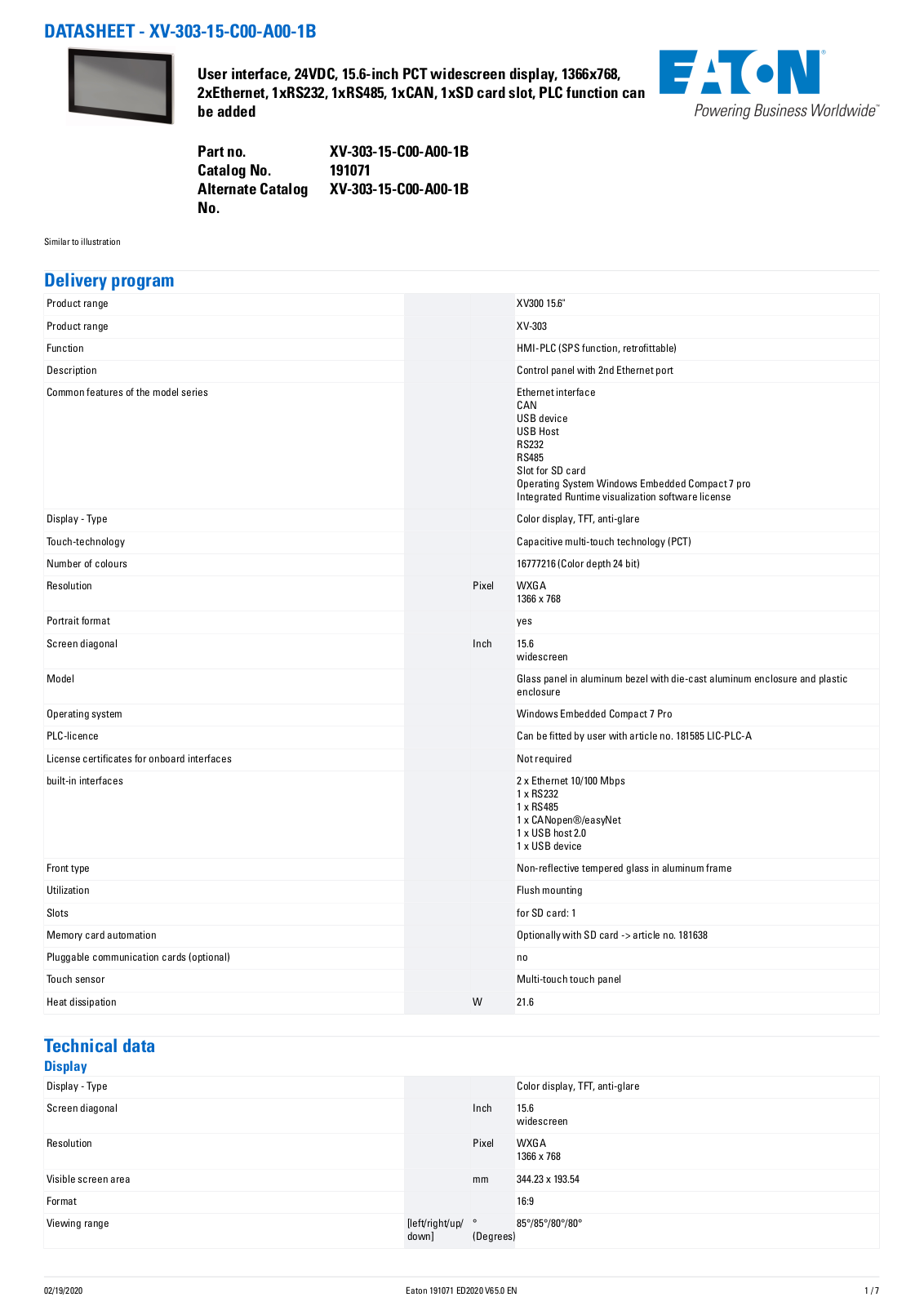 Cutler Hammer, Div of Eaton Corp XV-303-15-C00-A00-1B Data Sheet