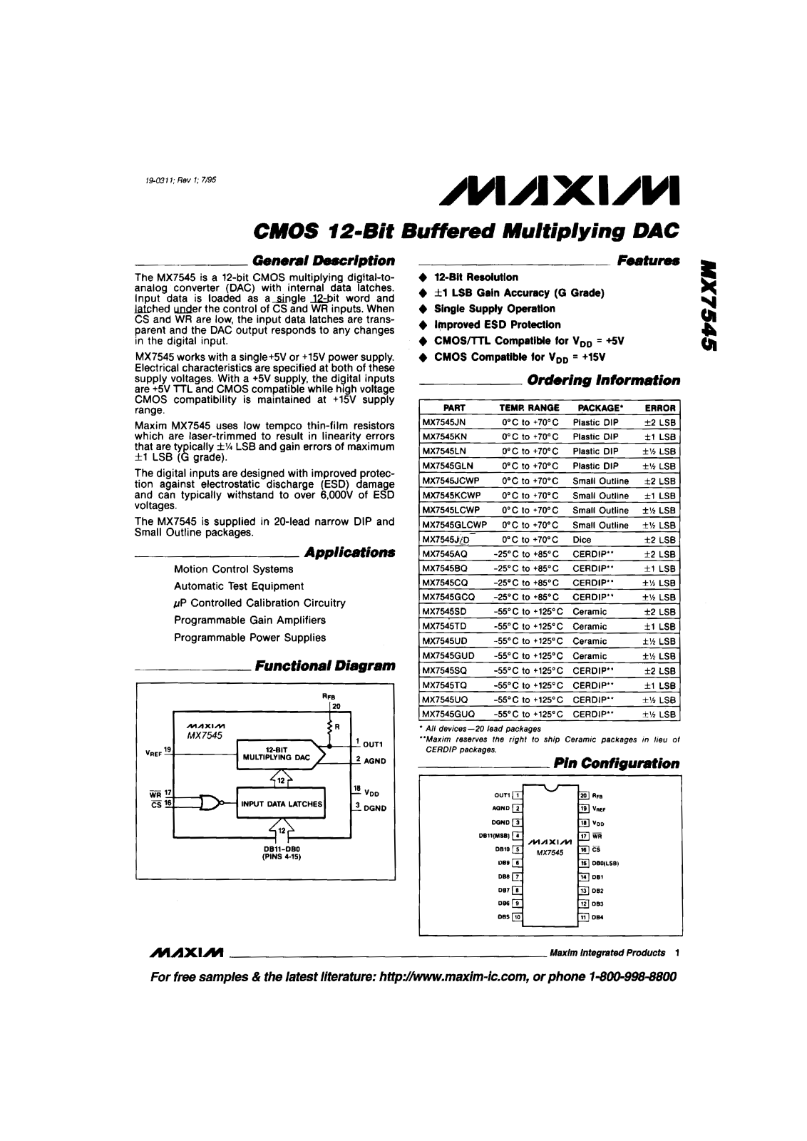 Maxim MX7545AQ, MX7545BQ, MX7545CQ, MX7545GCQ, MX7545GLCWP Datasheet