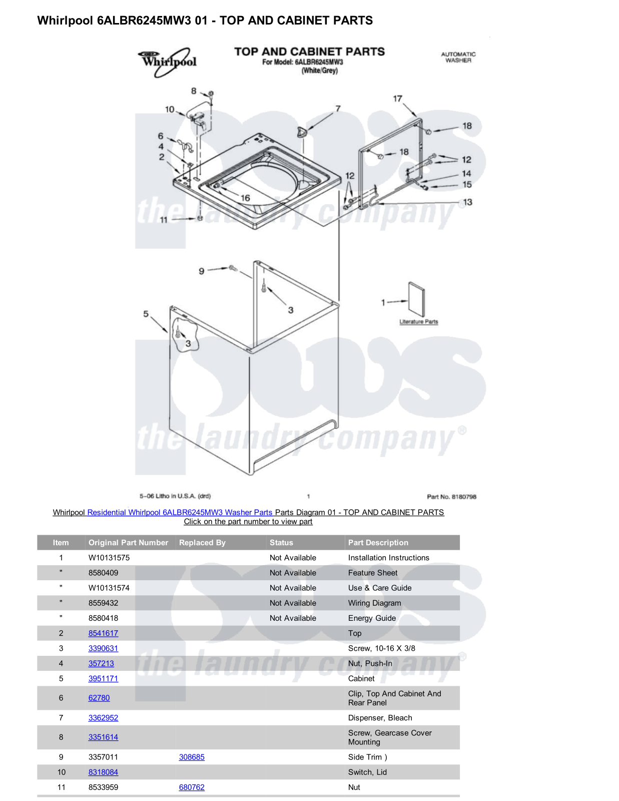 Whirlpool 6ALBR6245MW3 Parts Diagram