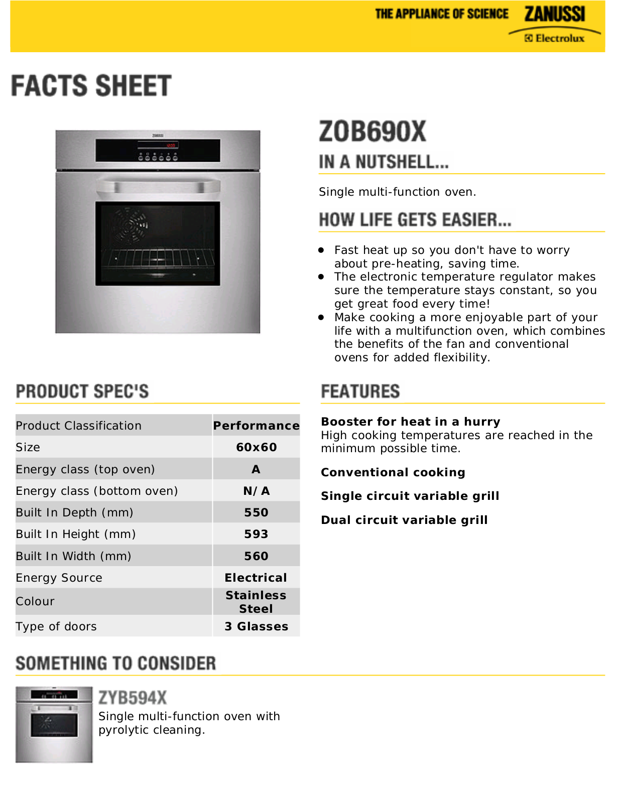 Zanussi ZOB690X facts sheet