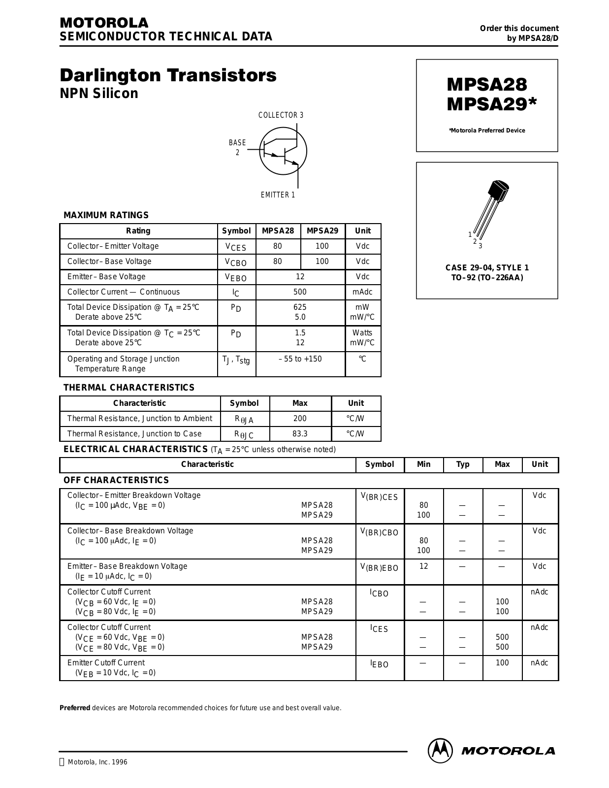 Motorola MPSA28RLRP, MPSA28, MPSA29RLRP, MPSA29 Datasheet