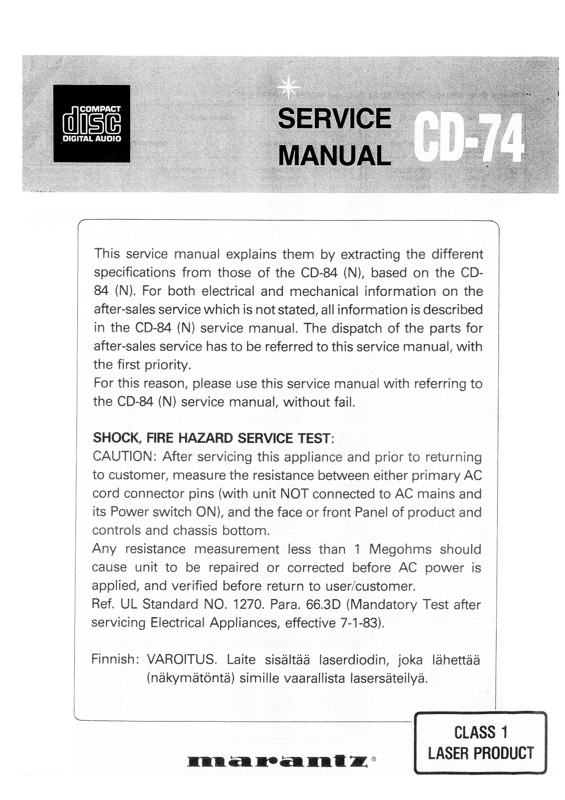 Marantz CD-74 Service Manual